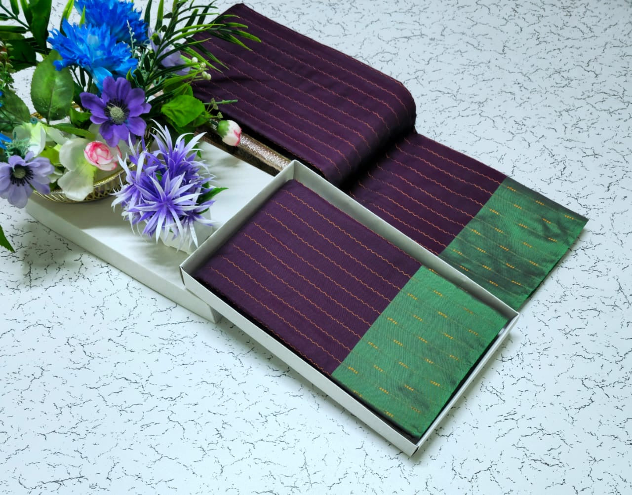 Purple and Green Grand Soft Silk Wedding and Party Wear Saree