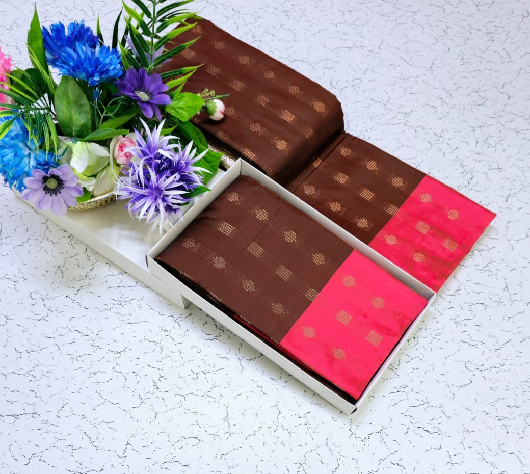 Brown and Pink Grand Soft Silk Wedding and Party Wear Saree