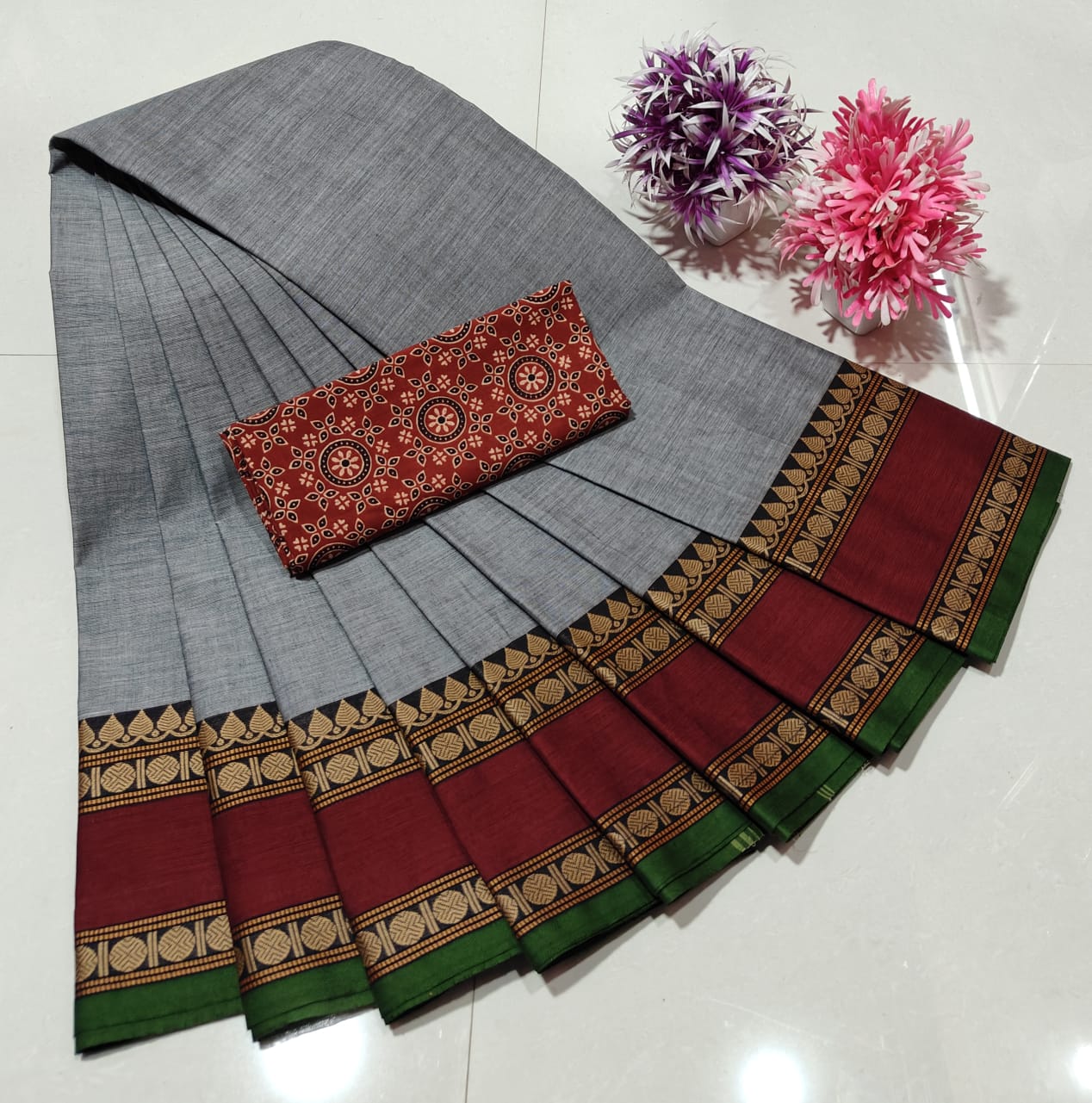 Ash Chettinad Royal Plain Pure Cotton Saree with Kalamkari Blouse