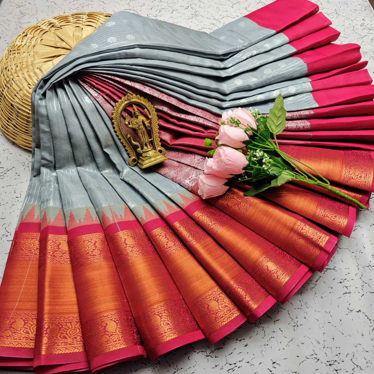 Ash and Pink Kanchipuram Korvai Kotanji Soft Silk Saree