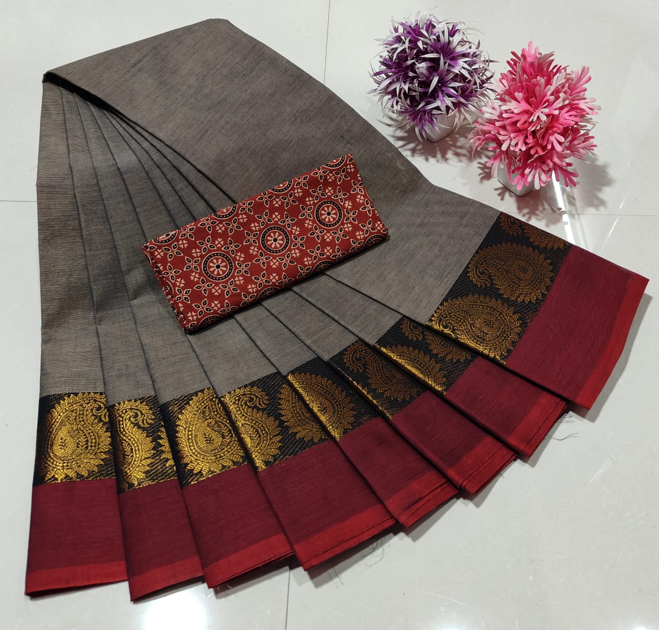Ash and Red Chettinad Royal Plain Pure Cotton Saree with Kalamkari Blouse