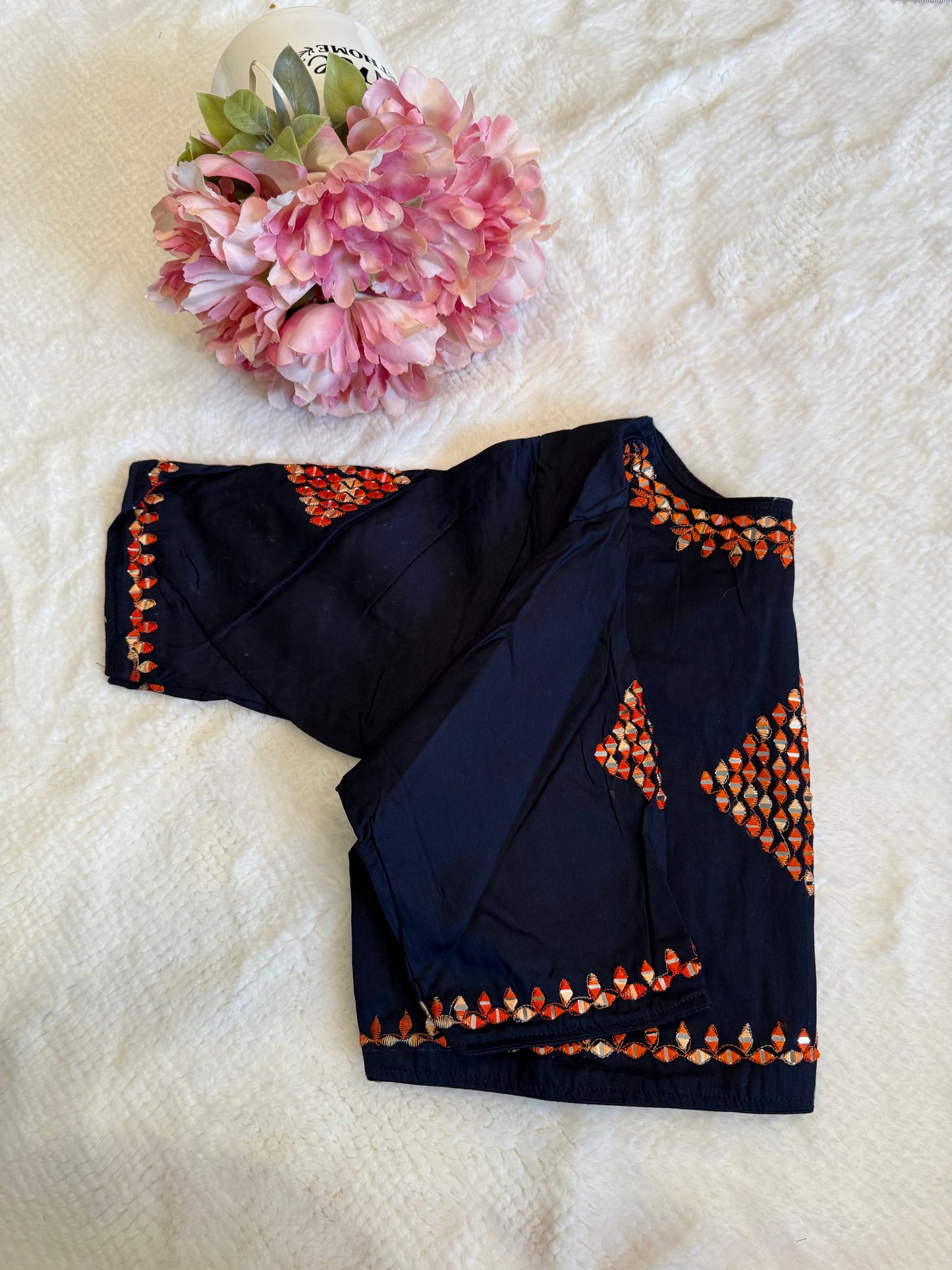 Dark Blue and Orange Mirror Work Blouse D1