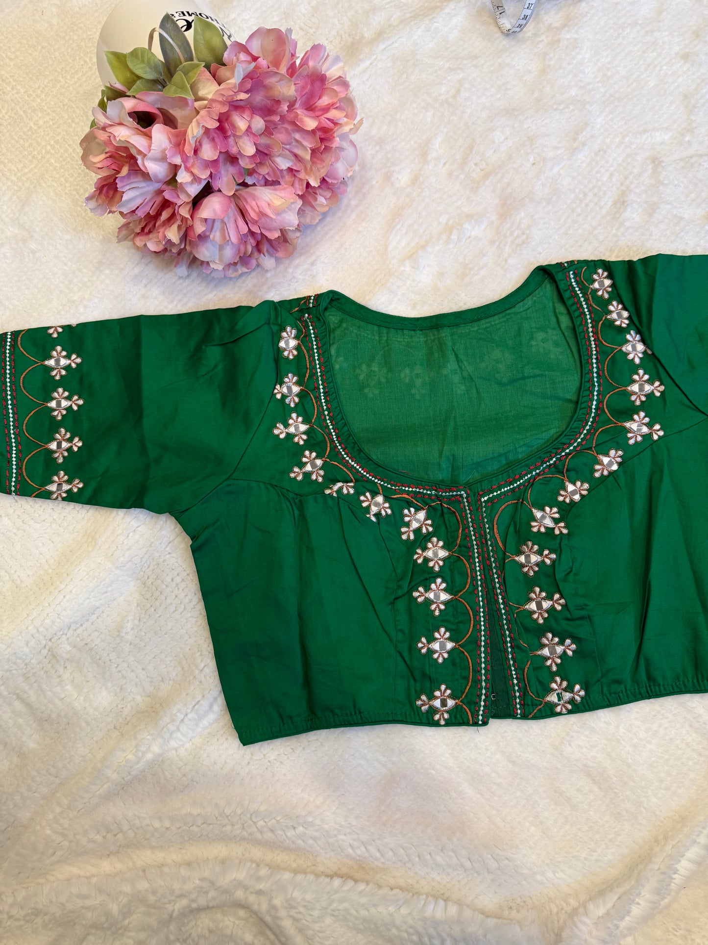 Green and White Mirror Work Blouse D1