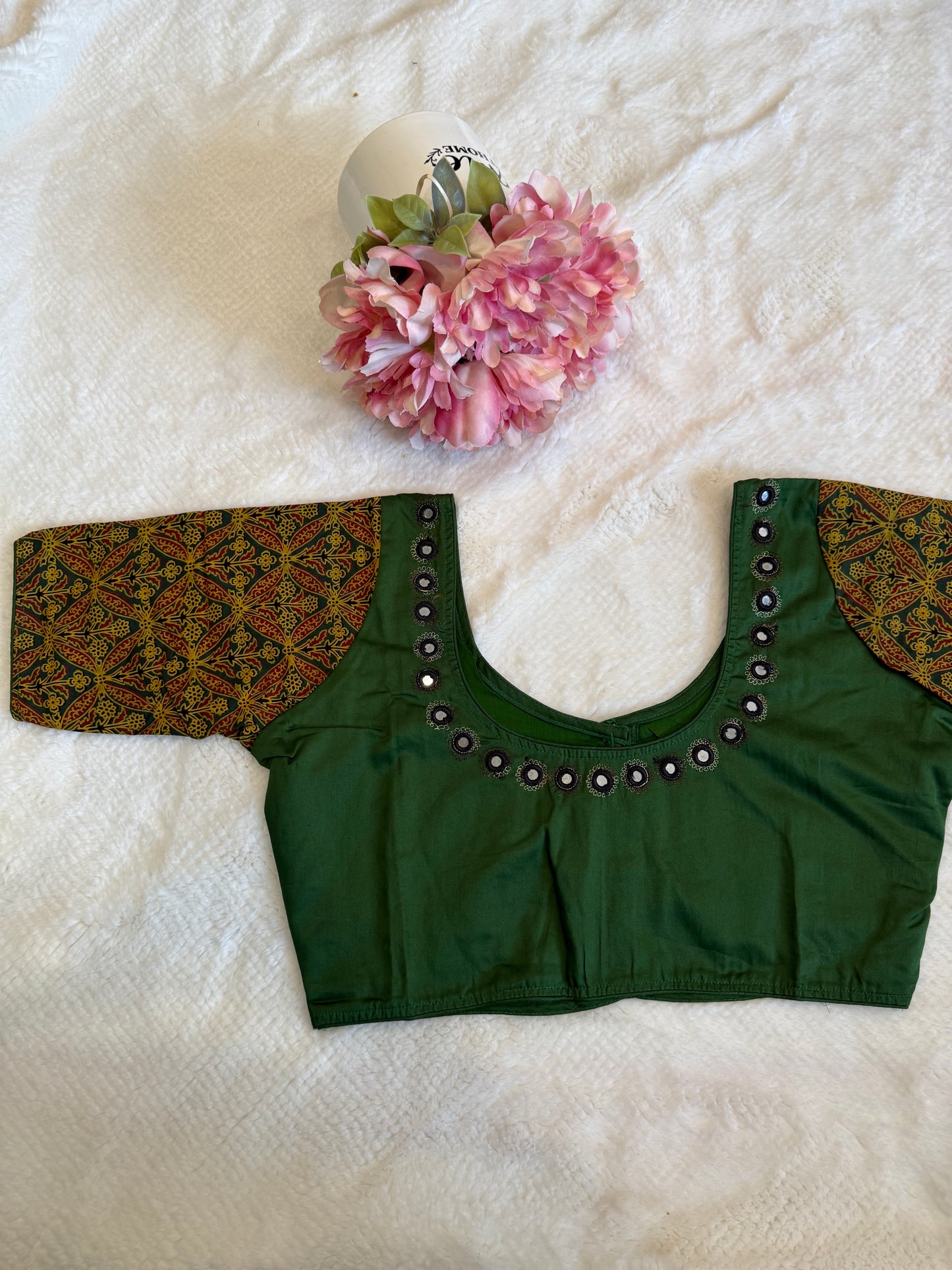 Green and Yellow Mirror Work Blouse D1