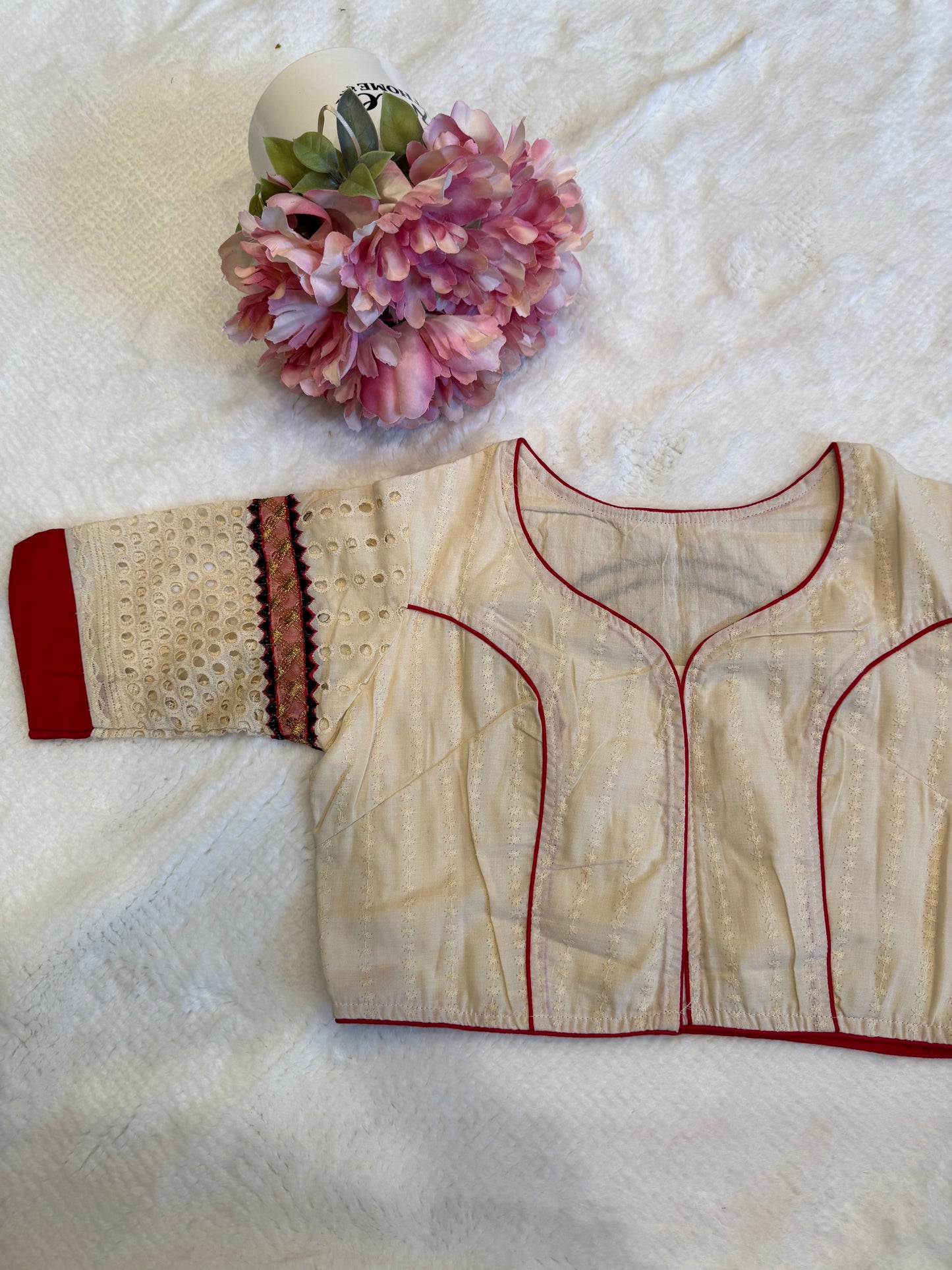 Half White and Red Cut Work Blouse D1