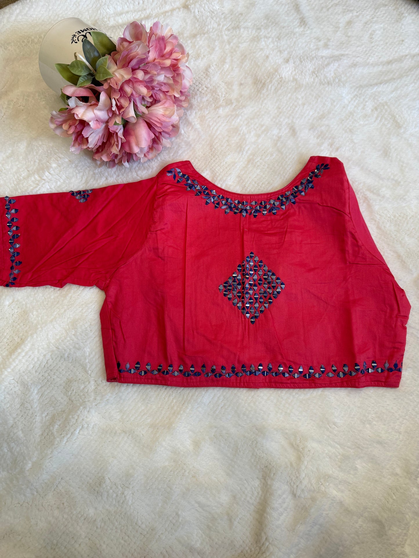 Hot Pink and Navy Blue Mirror Work Blouse D1