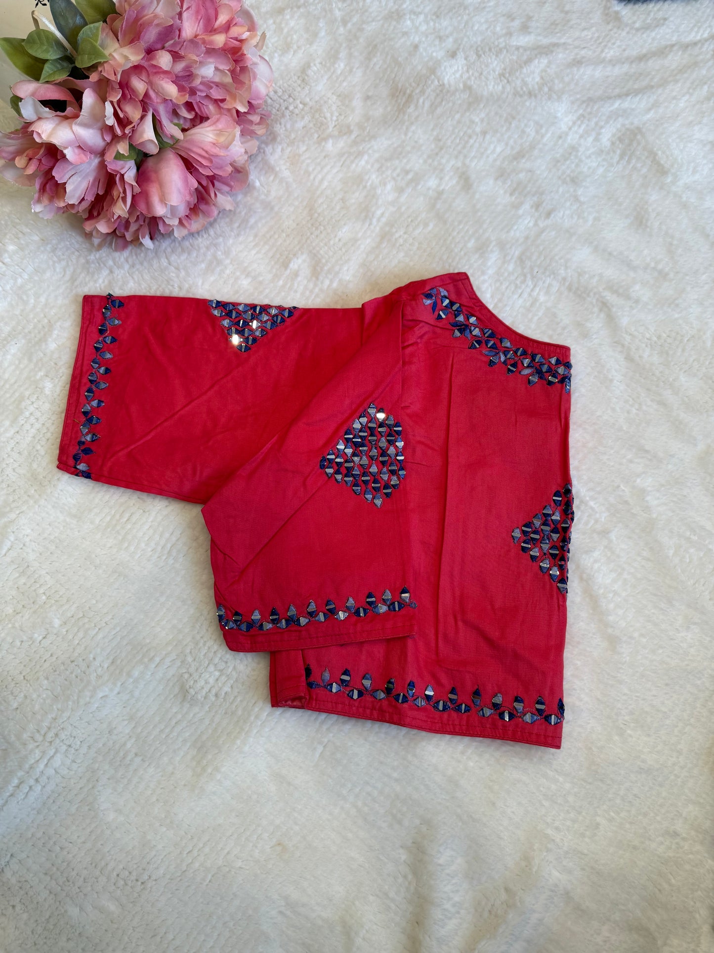 Hot Pink and Navy Blue Mirror Work Blouse D1