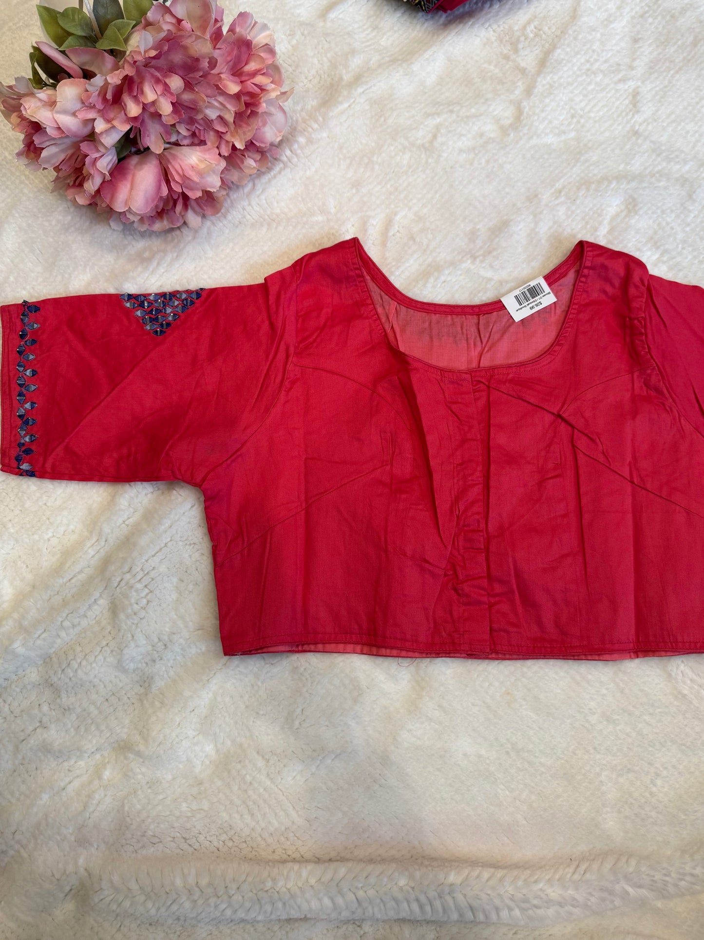 Hot Pink and Navy Blue Mirror Work Blouse D1