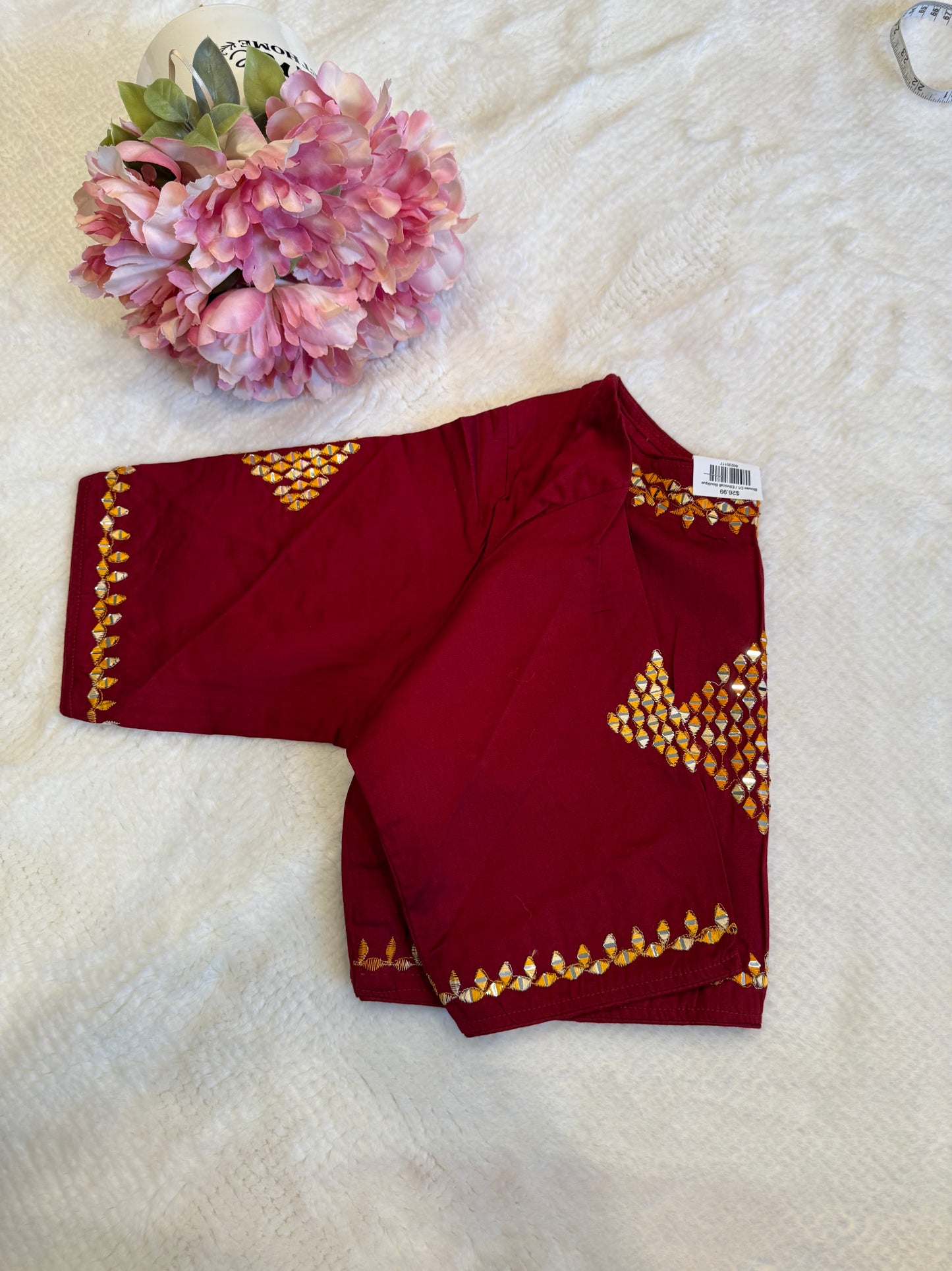 Red with Yellow Mirror Work Blouse D1