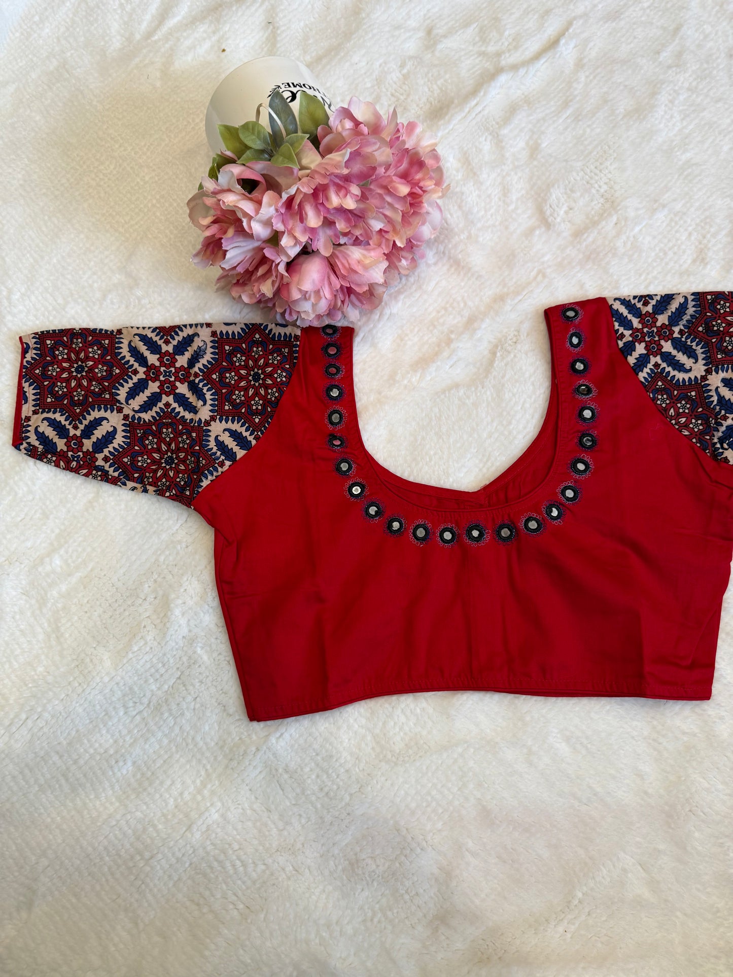 Red and Dark Blue Mirror Work Blouse D1