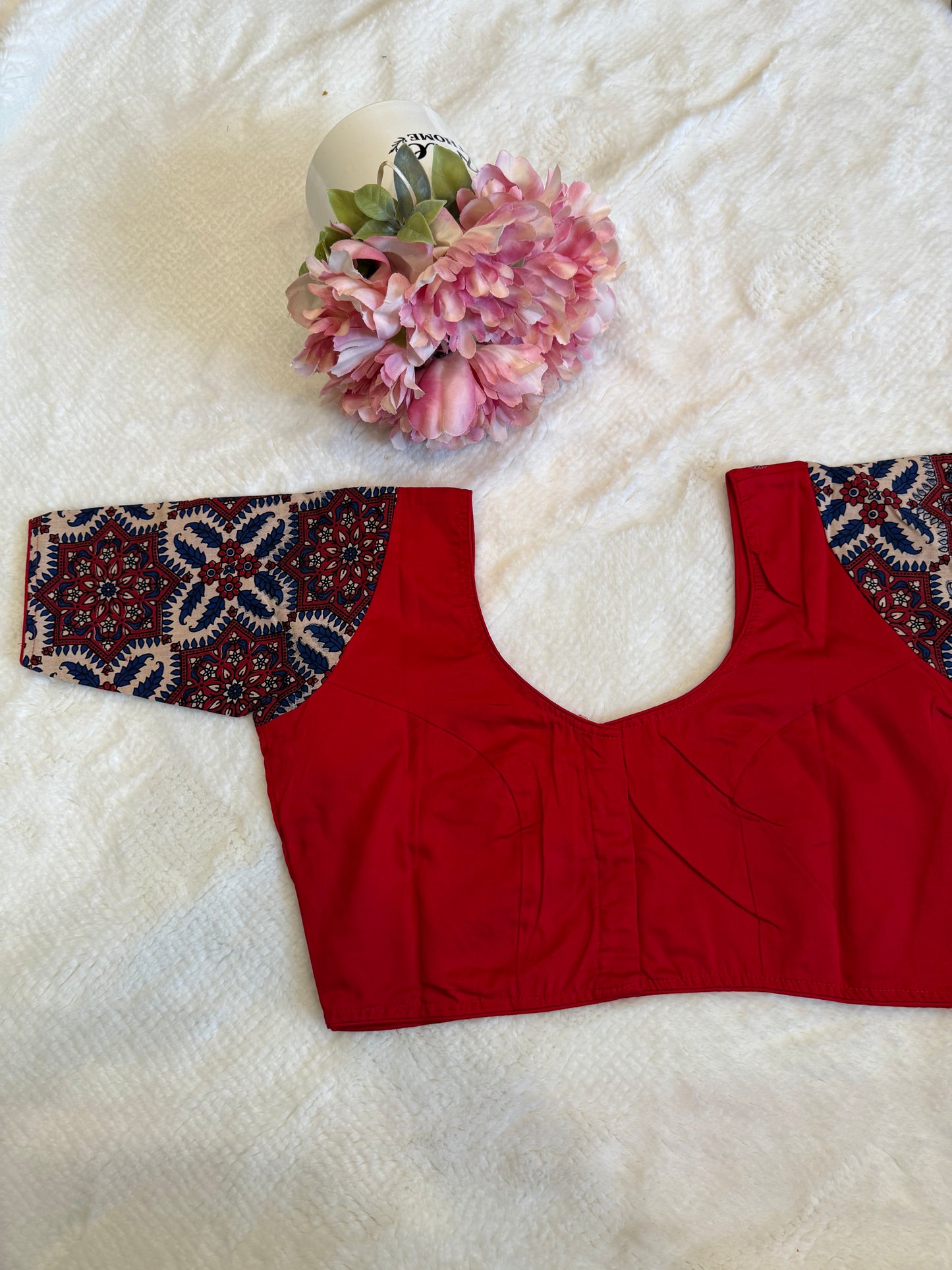 Red and Dark Blue Mirror Work Blouse D1