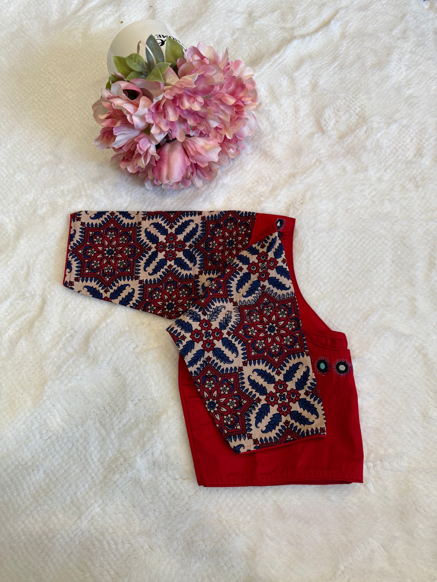 Red and Dark Blue Mirror Work Blouse D1