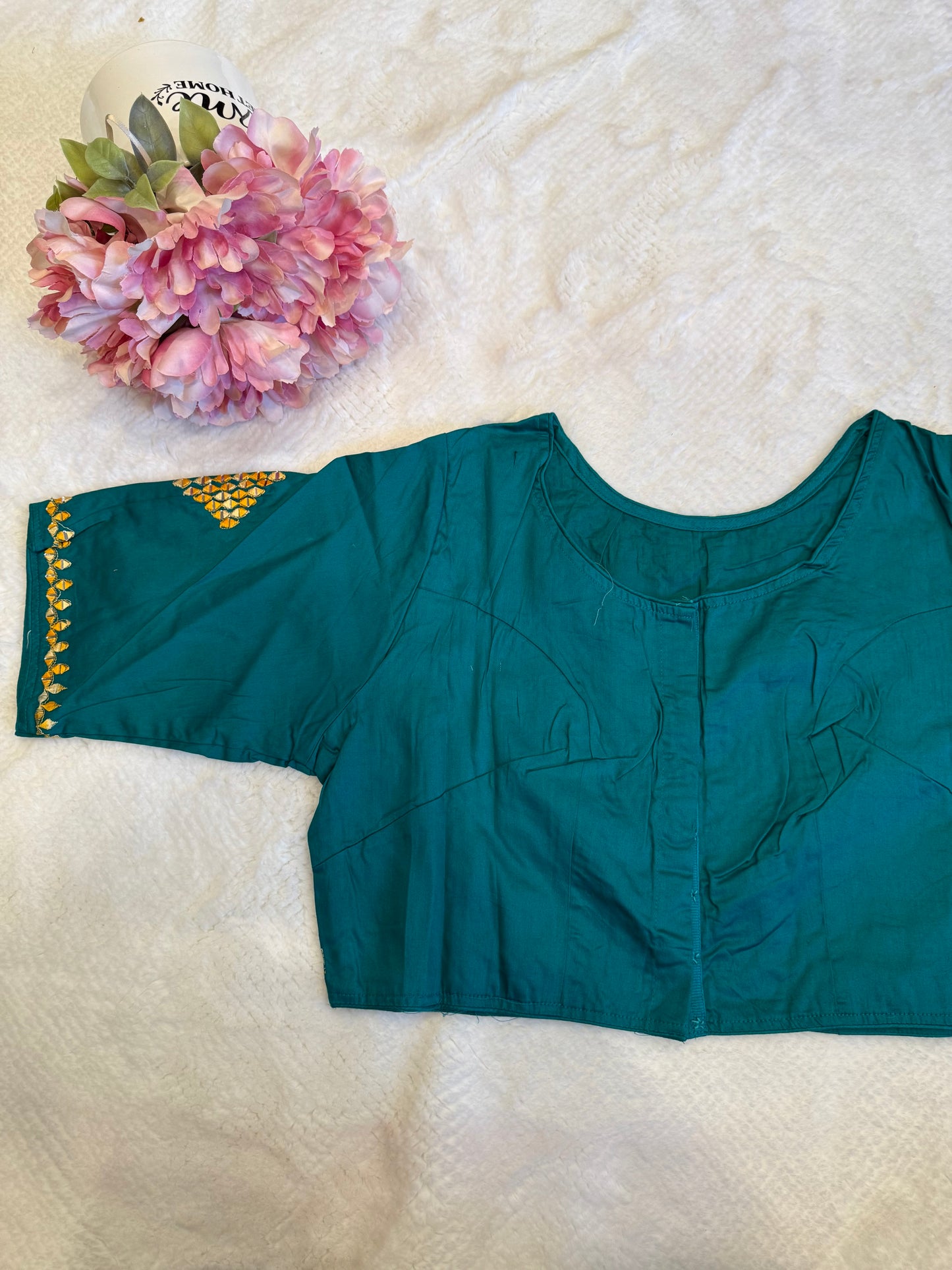 Turquoise with Yellow Mirror Work Blouse D1
