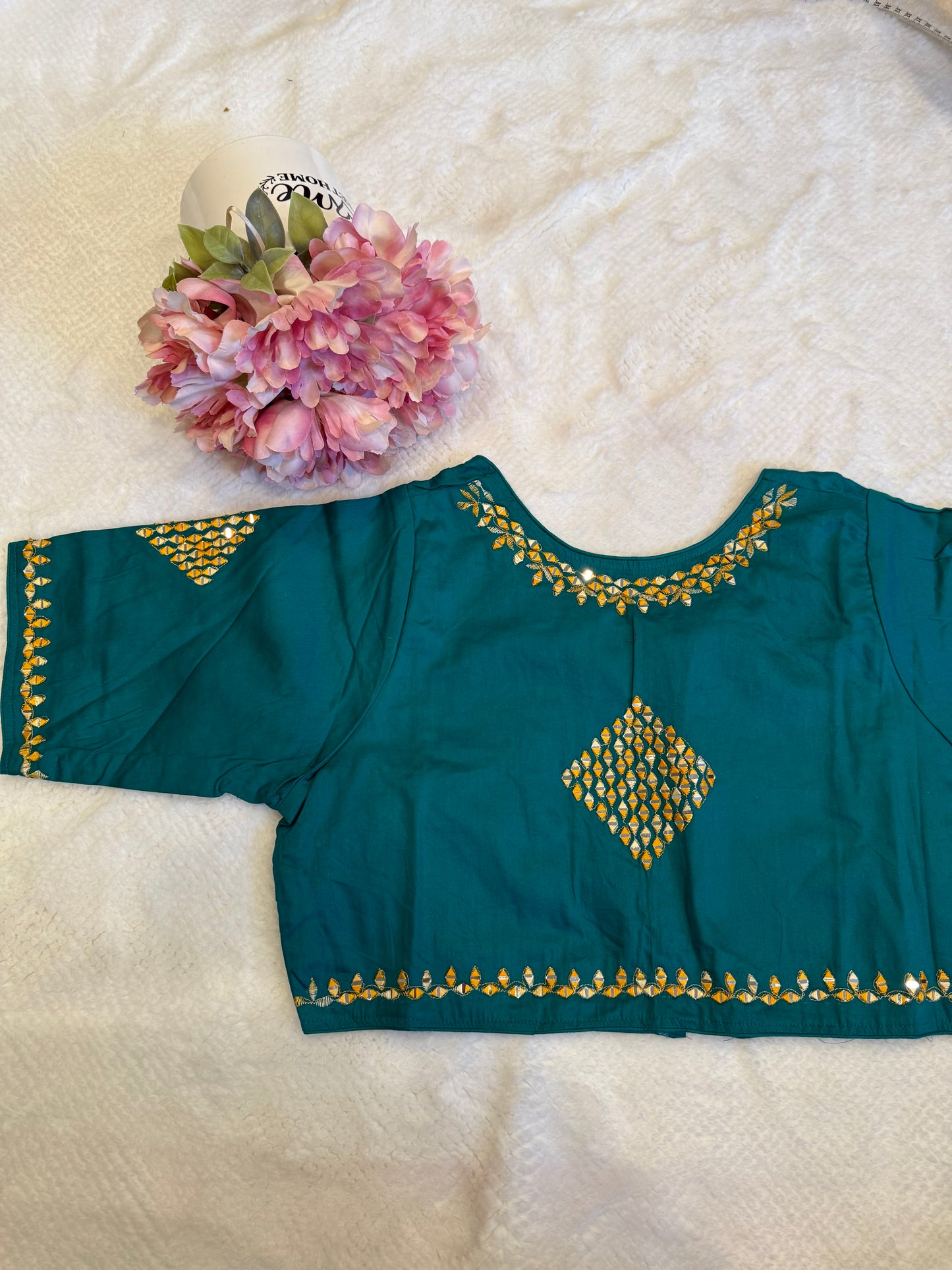 Turquoise with Yellow Mirror Work Blouse D1