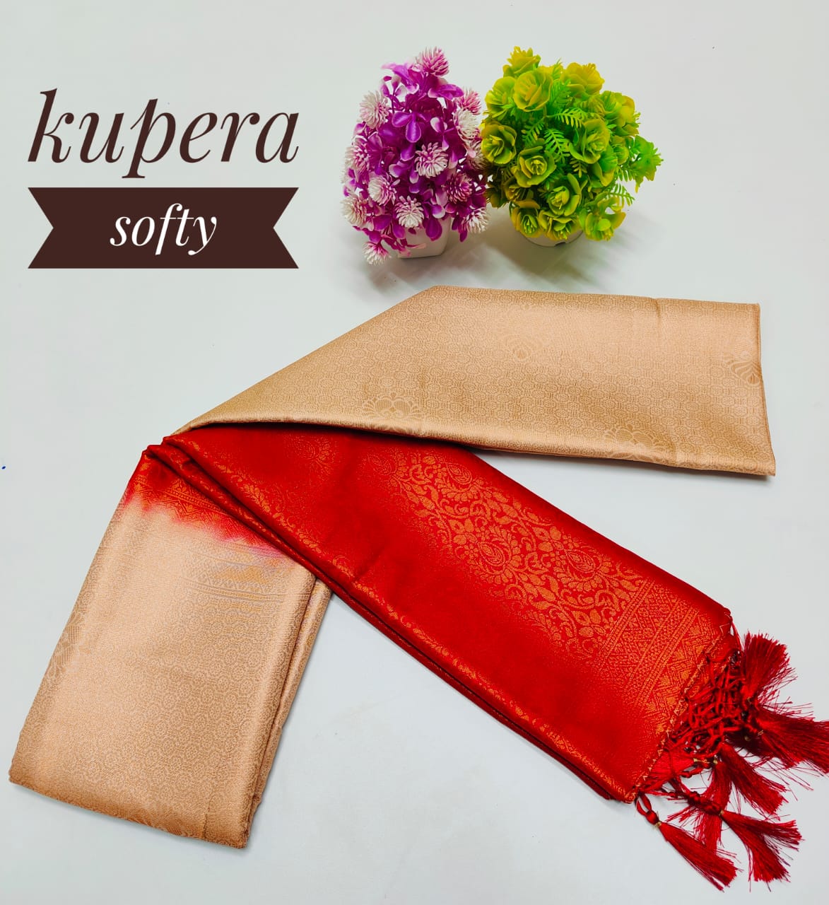 Beige and Red Dual Tone Copper Softy Silk Saree