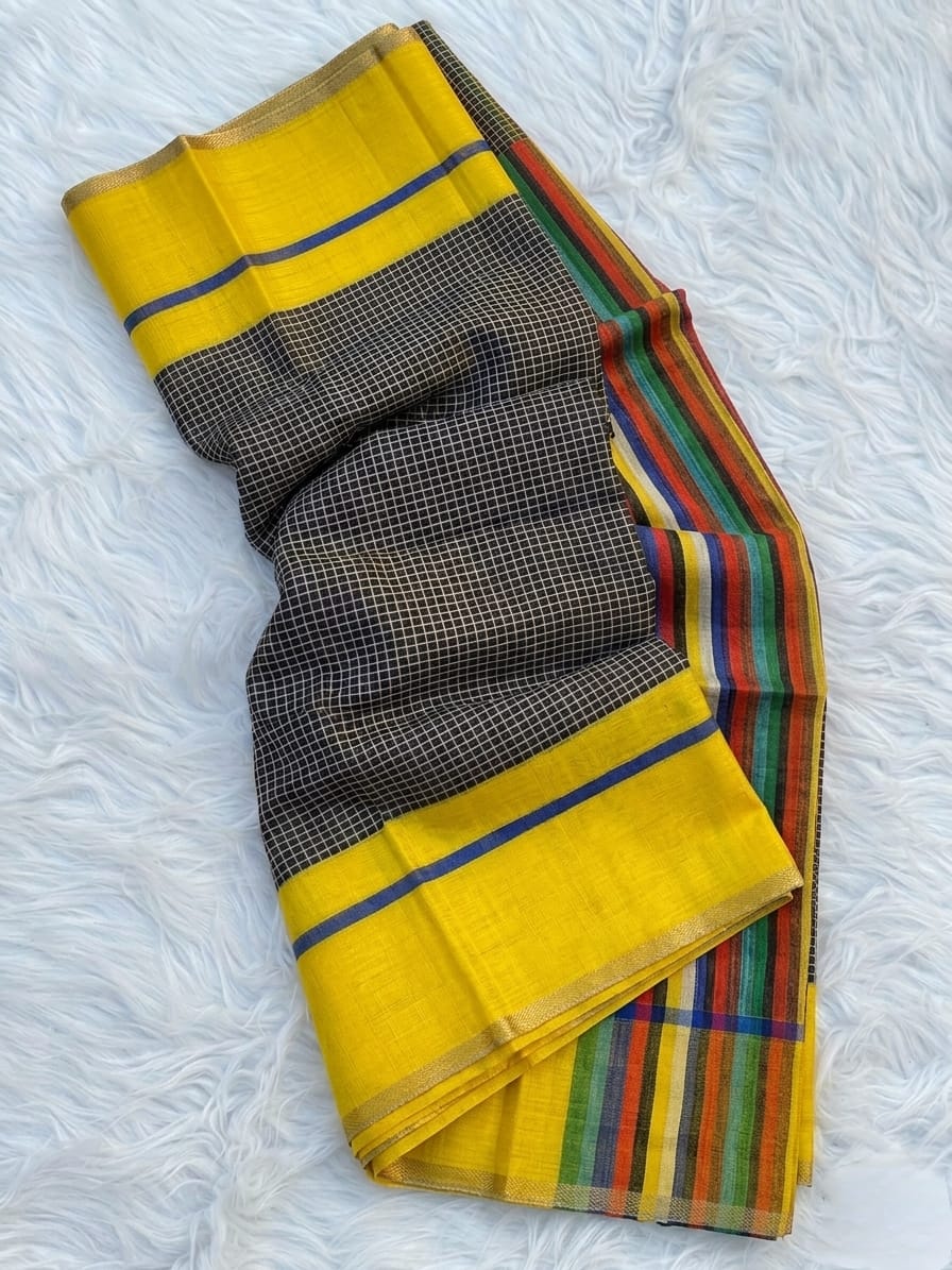 Black Checked Pattern Linen Saree with Yellow Border