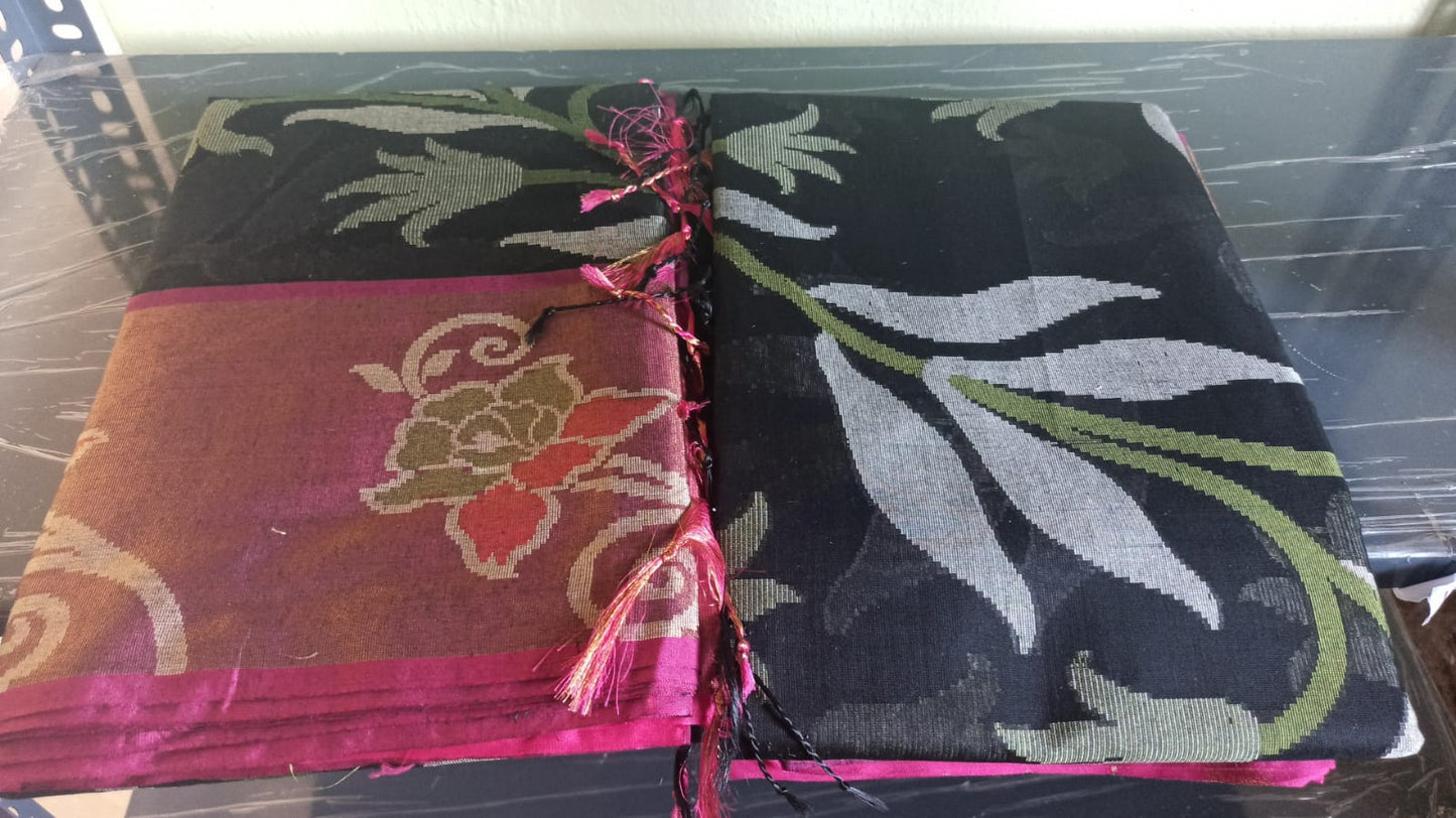 Black and Pink Cotton Banarasi Pochampally Saree