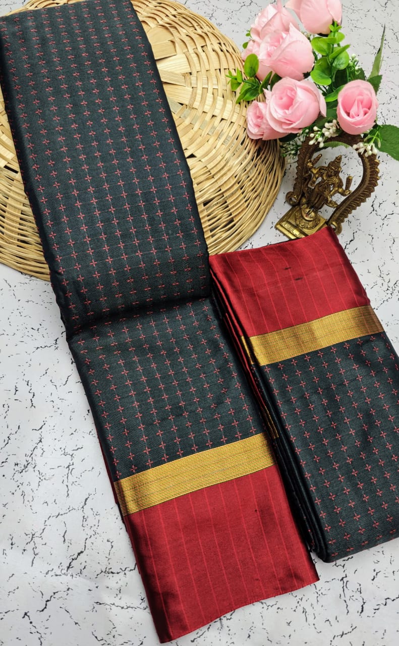 Black and Red Checked Pattern Arani Soft Silk Saree