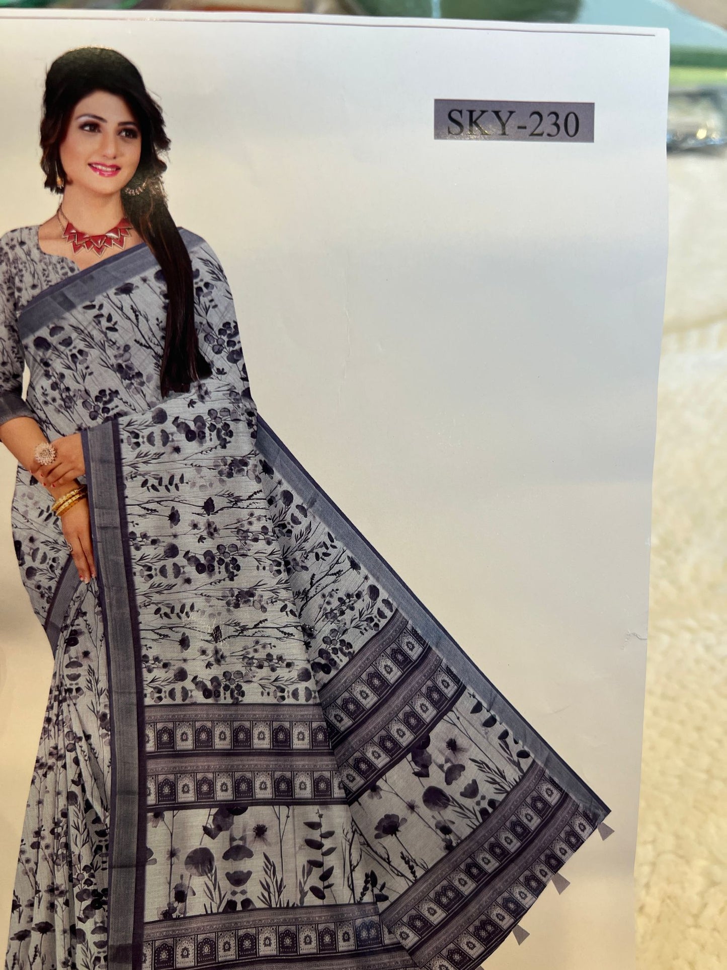 White and Black Border Sky Digital Fancy Saree