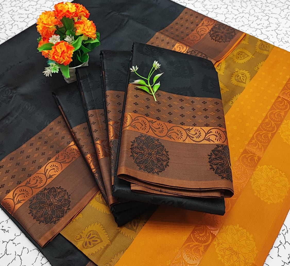 Black and Yellow Embossed Soft Silk Saree