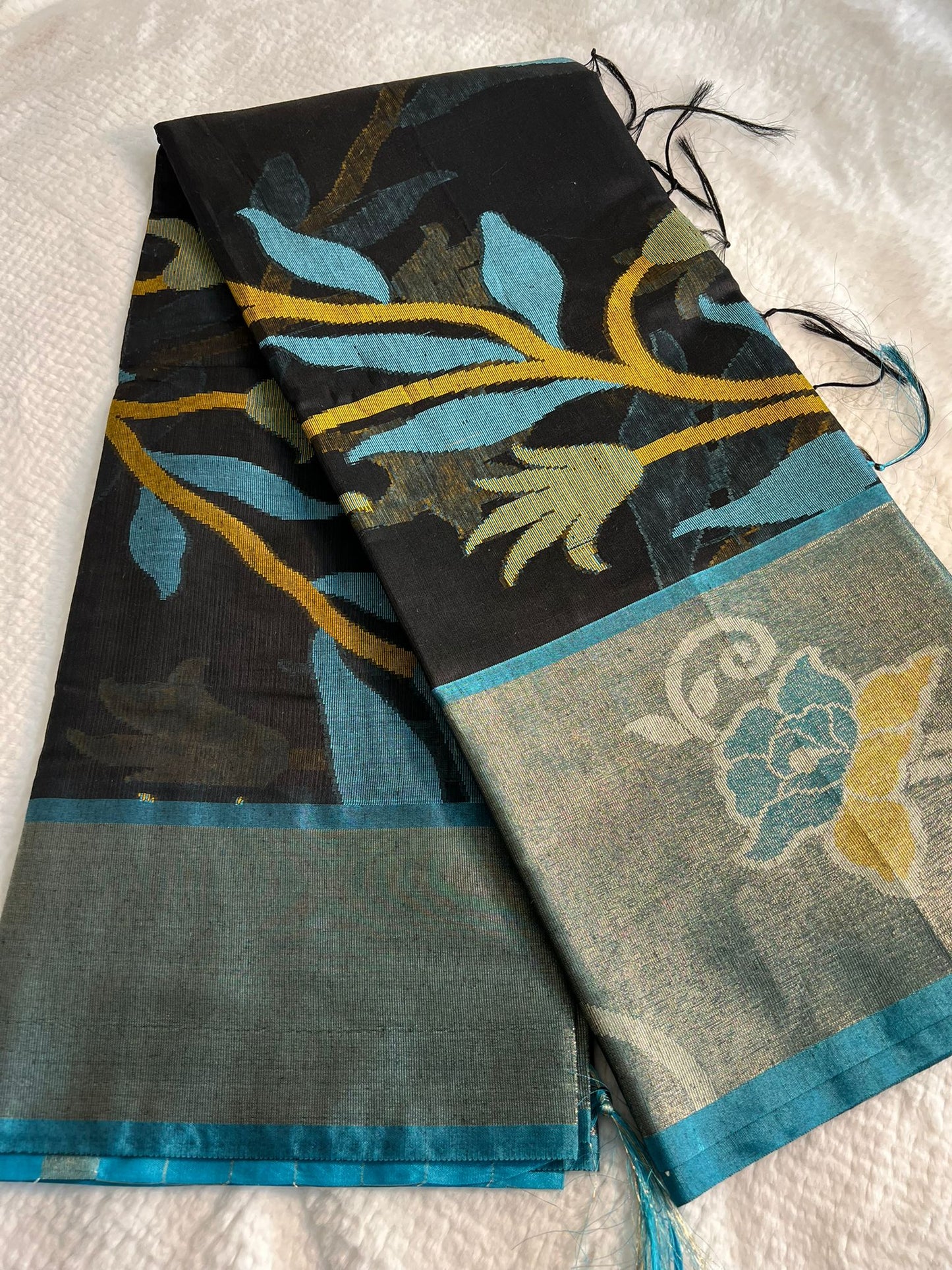 Black and Blue Cotton Banarasi Pochampally Saree