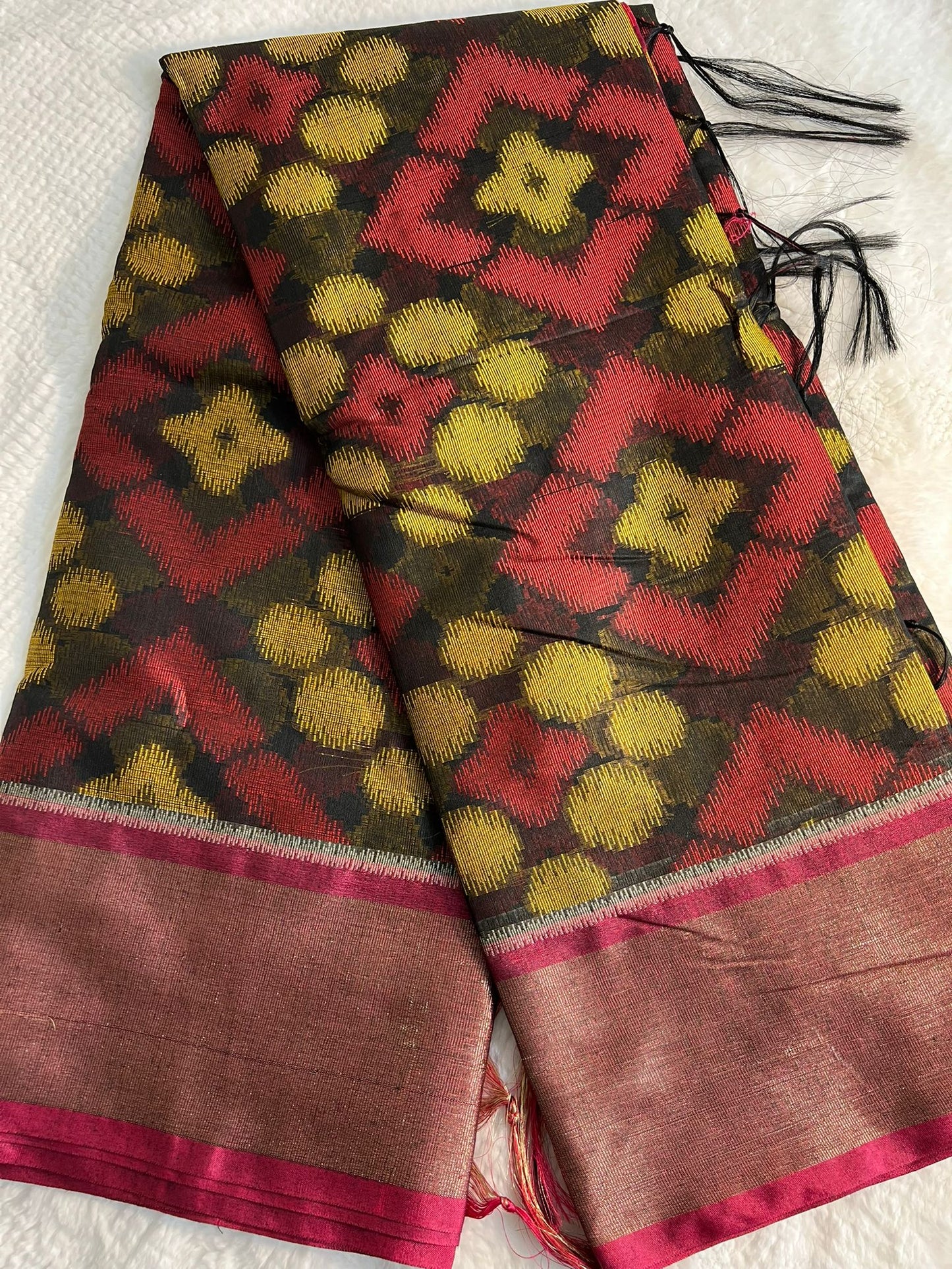 Black and Pink Cotton Banarasi Pochampally Saree