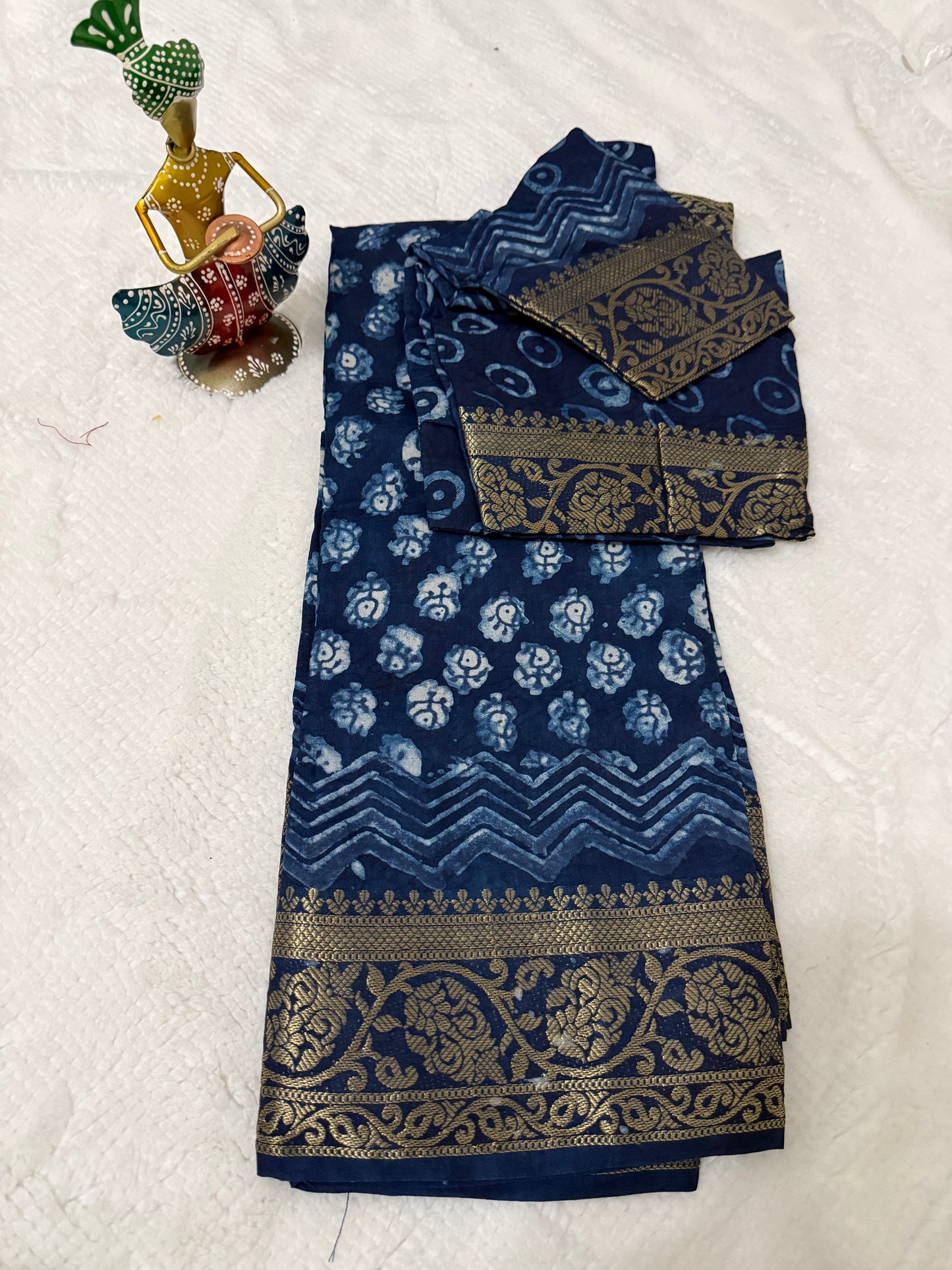 Dark Blue Ajrakh Print Pure Dola Silk Saree with Zari Border
