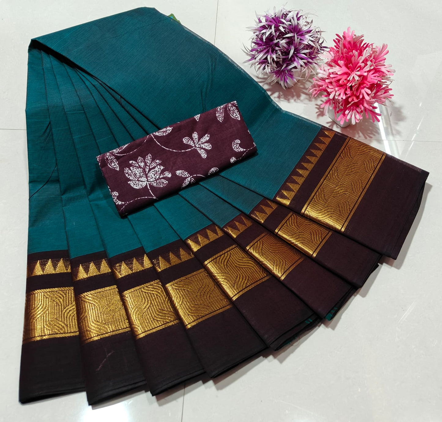 Blue and Brown Chettinad Royal Plain Pure Cotton Saree with Kalamkari Blouse