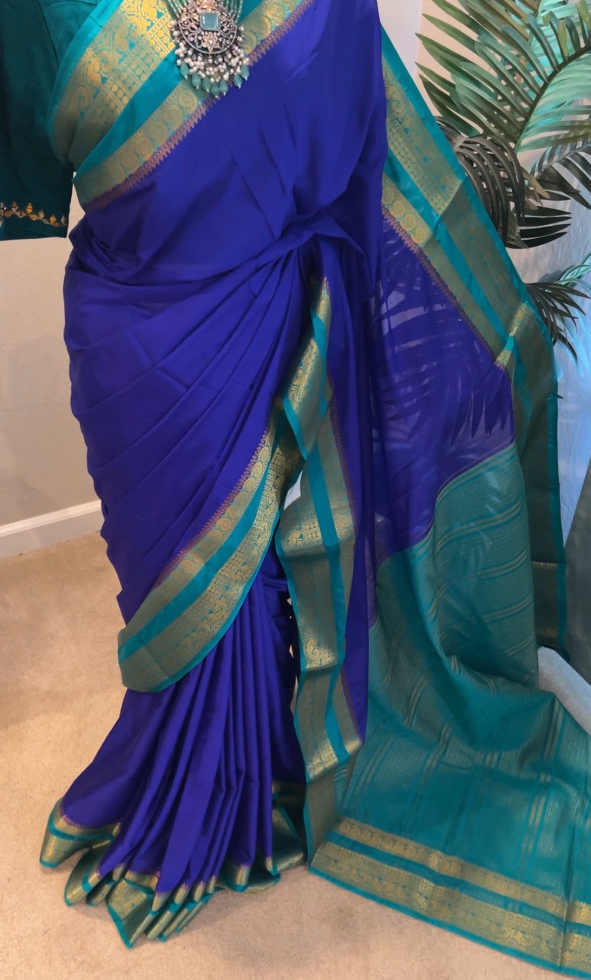 Blue and Green Mysore Semi Silk Saree