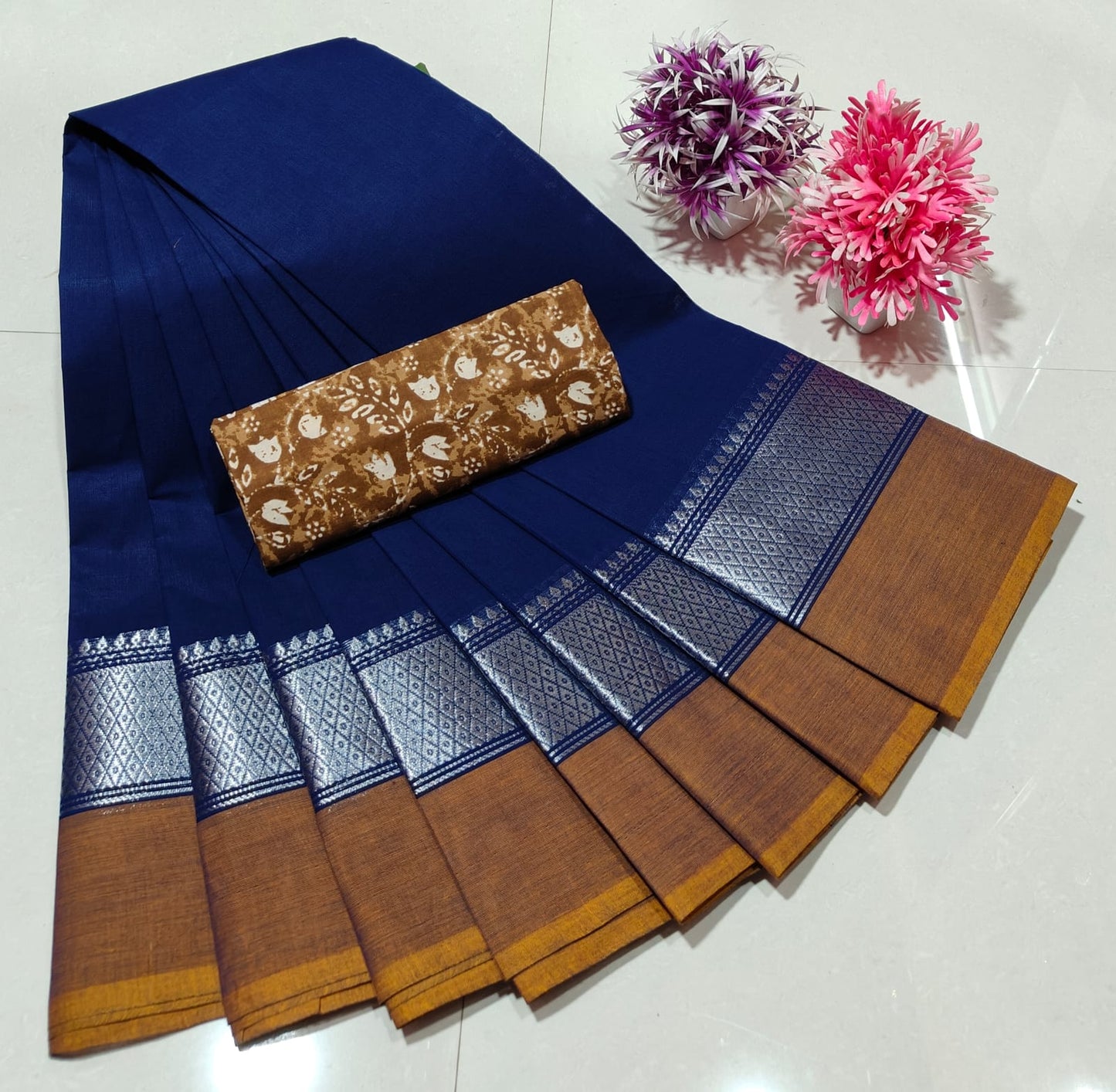 Blue and Mustard Chettinad Royal Plain Pure Cotton Saree with Kalamkari Blouse