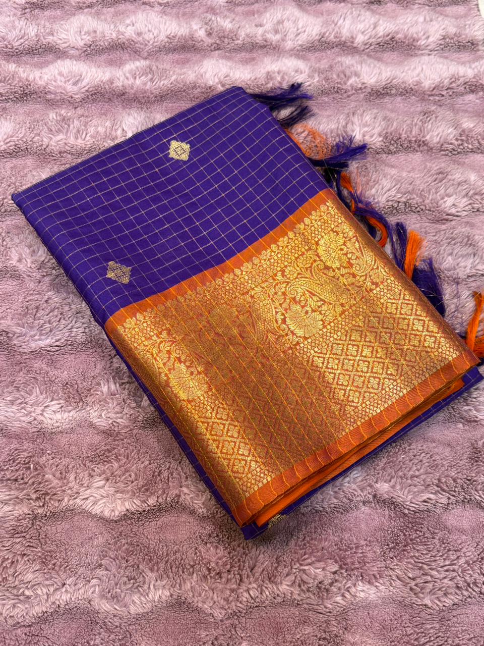 Blue and Orange Checked Tissue Silk Saree