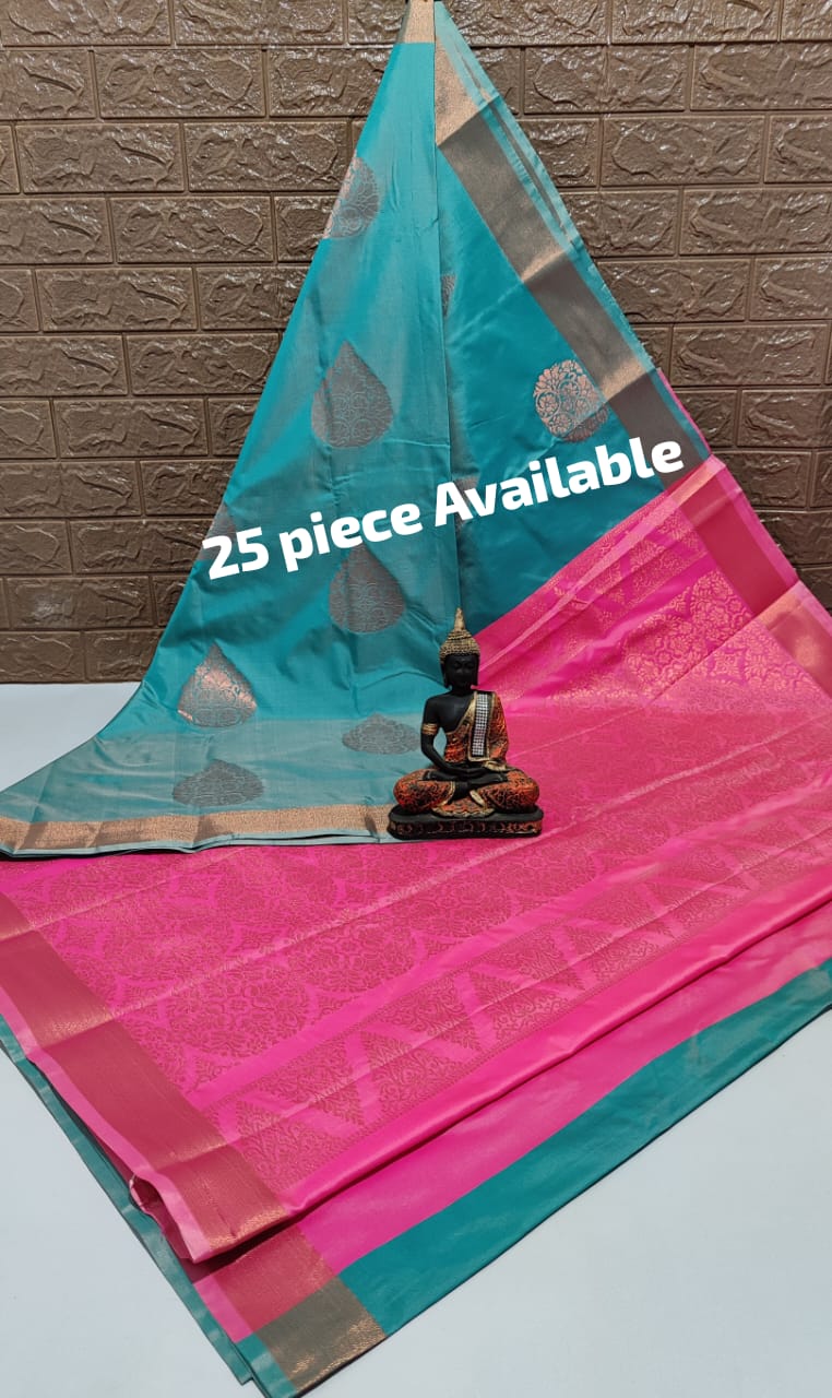 Blue and Pink Kanchi Soft Silk Saree