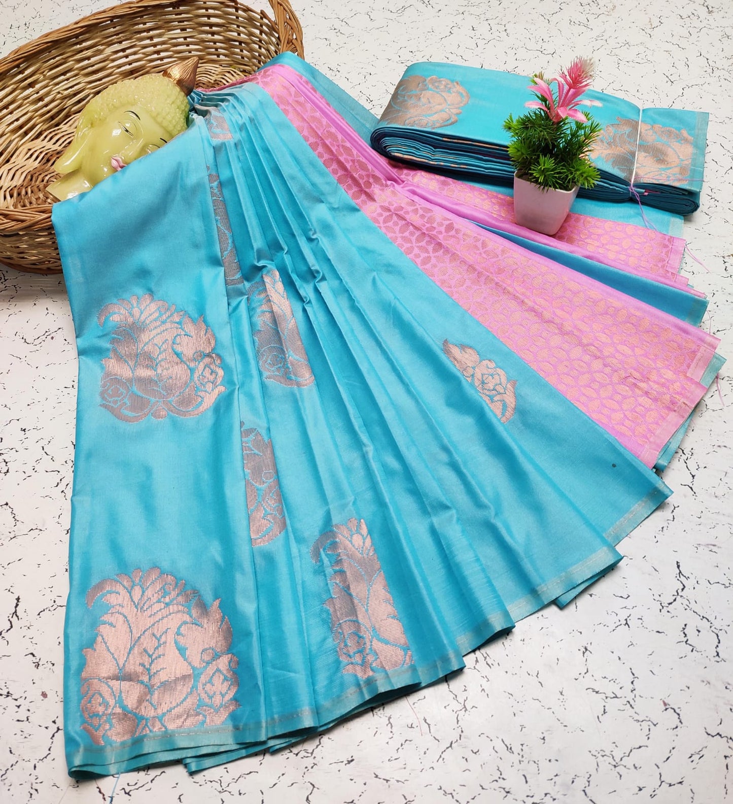 Blue and Pink Fancy Soft Silk Saree