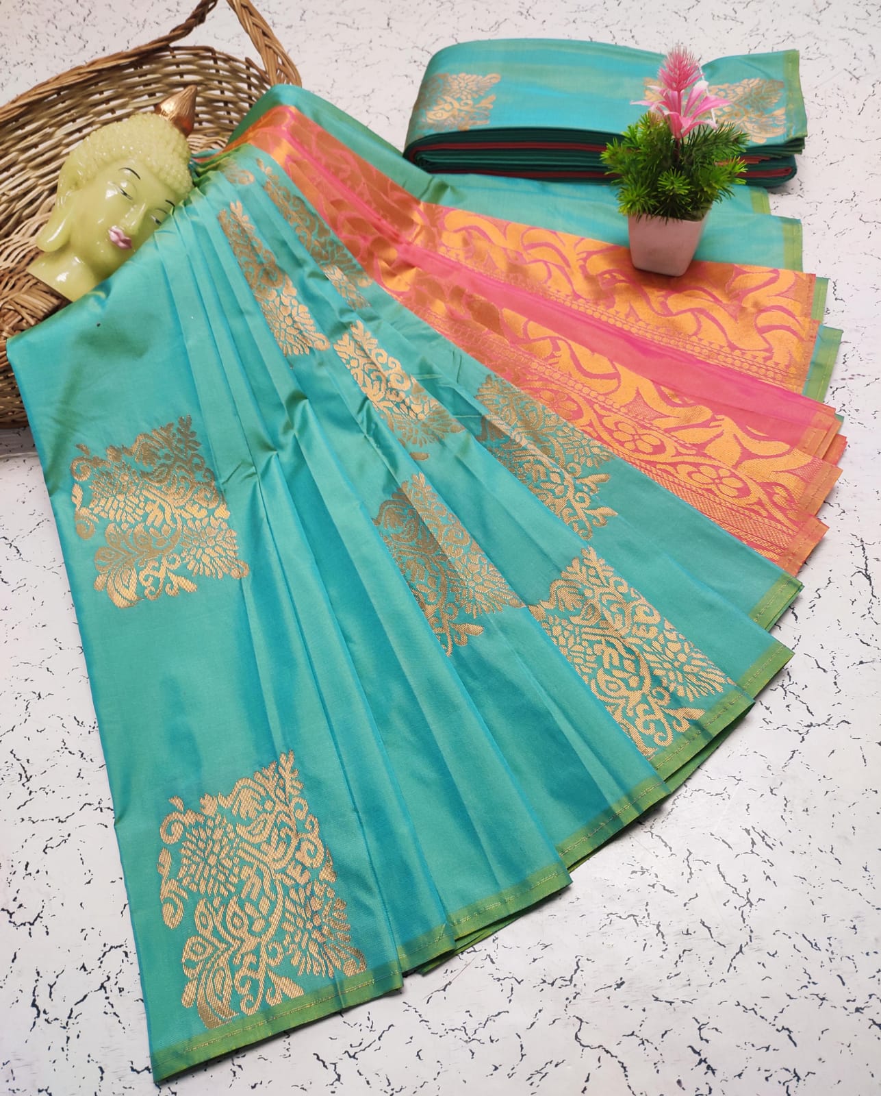 Pastel Blue and Pink Fancy Soft Silk Saree