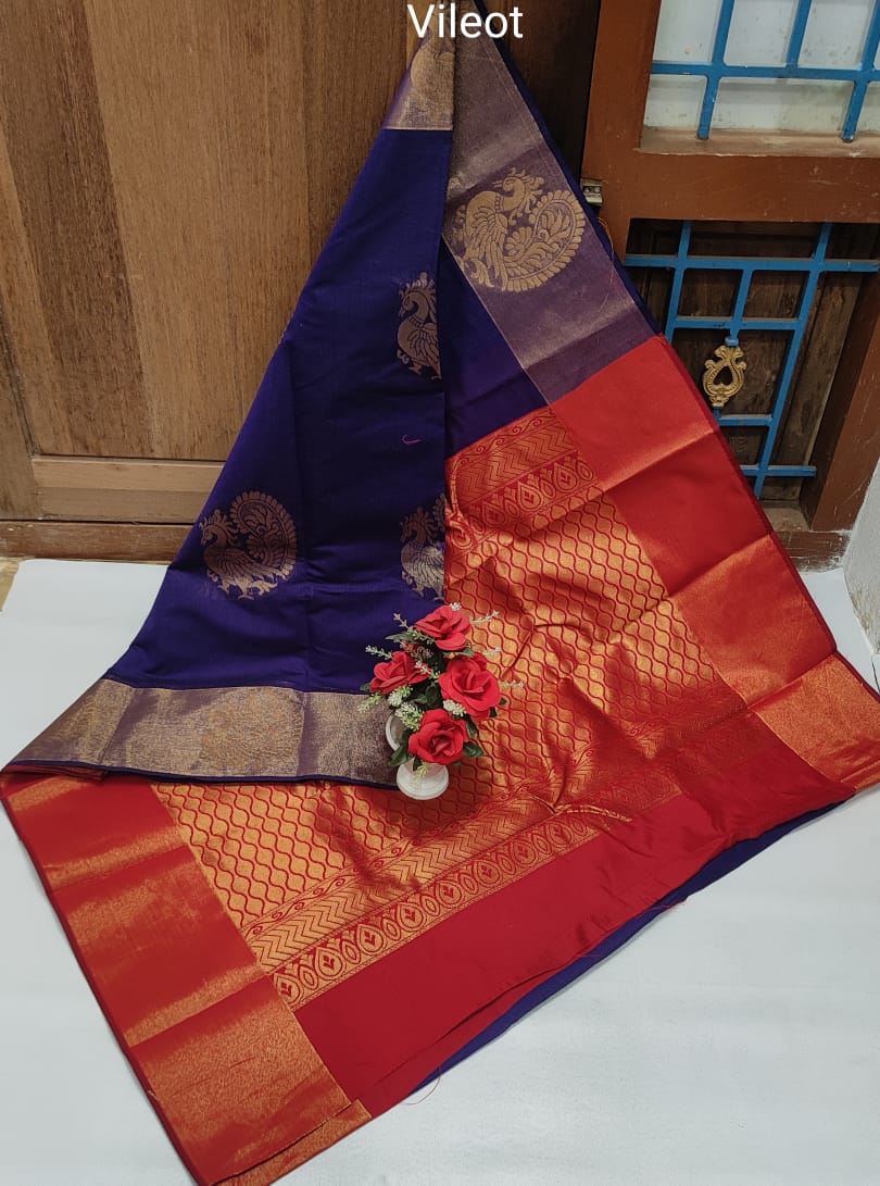 Blue and Red Chanderi Kuppadam Rich Silk Cotton Saree