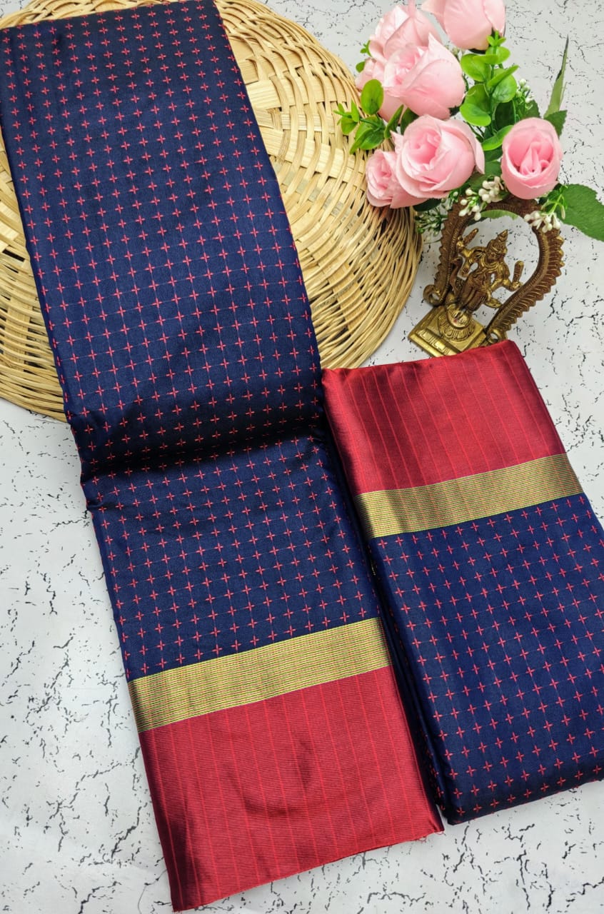Dark Blue and Red Checked Pattern Arani Soft Silk Saree