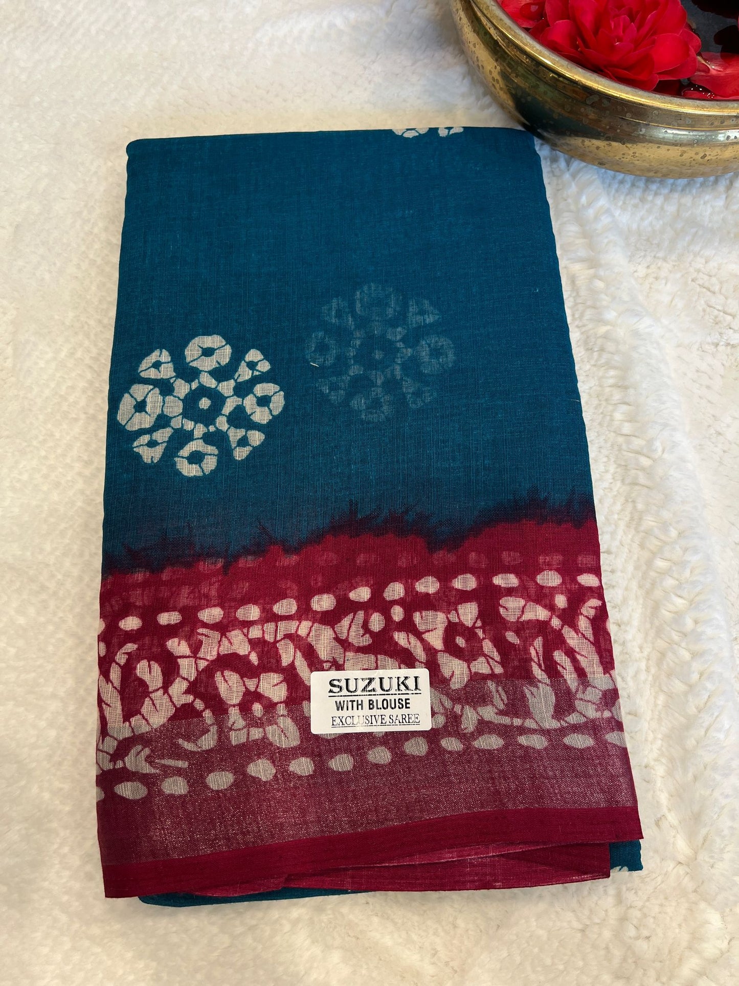 Blue and Red Suzuki Silk Cotton Saree