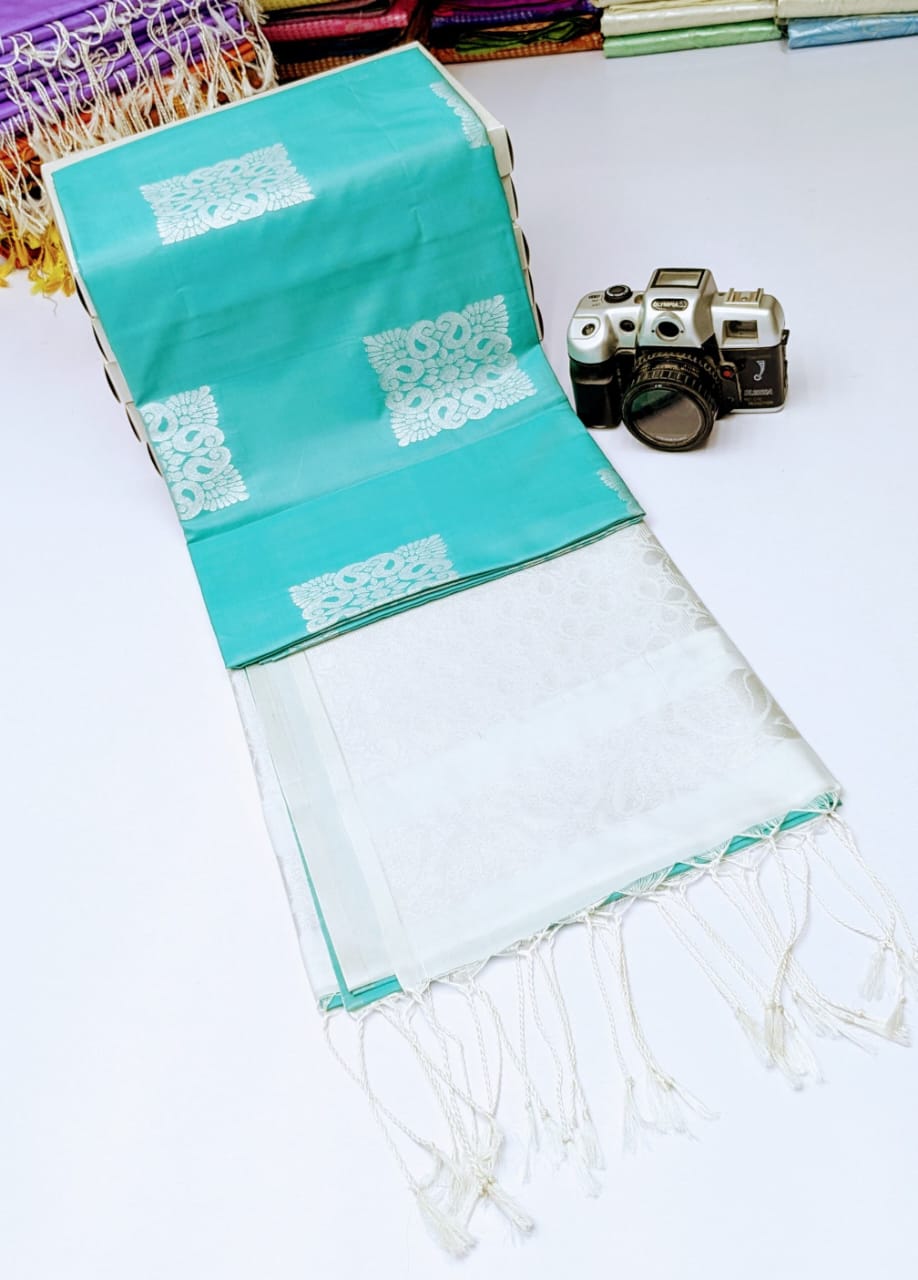 Blue and White Silver Zari Kanchi Soft Silk Saree