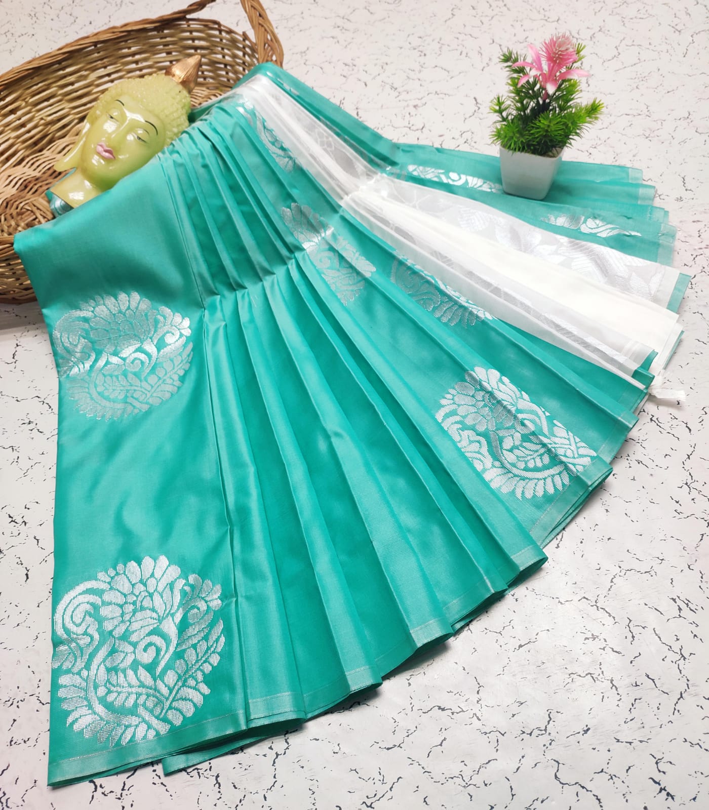 Blue and White Fancy Soft Silk Saree