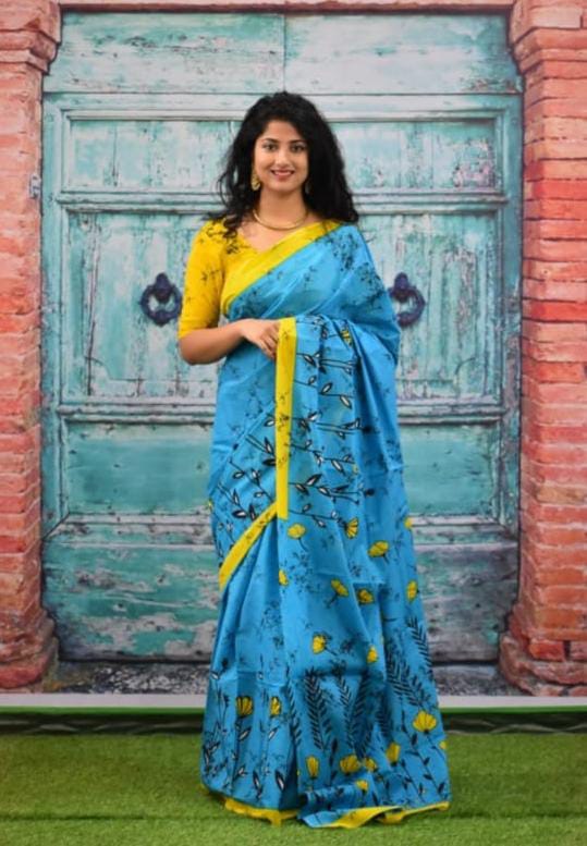Blue with Yellow Border MulMul Cotton Saree