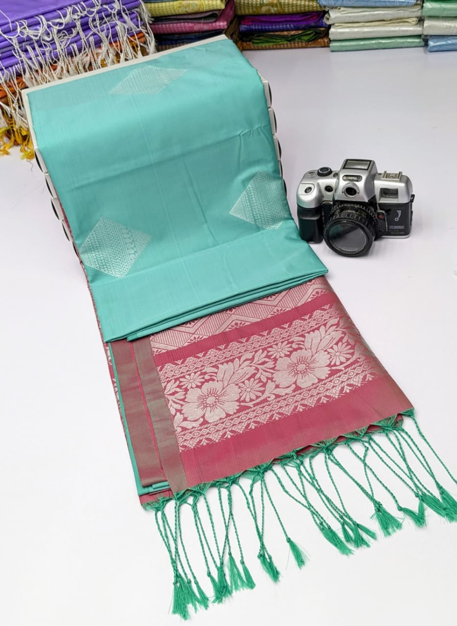 Blue and Pink Silver Zari Kanchi Soft Silk Saree