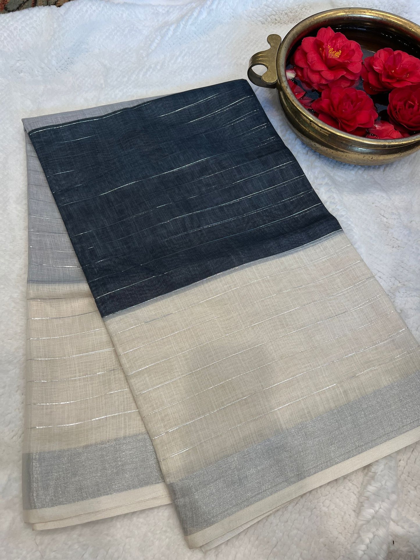 Blue Pushpa Linen Saree