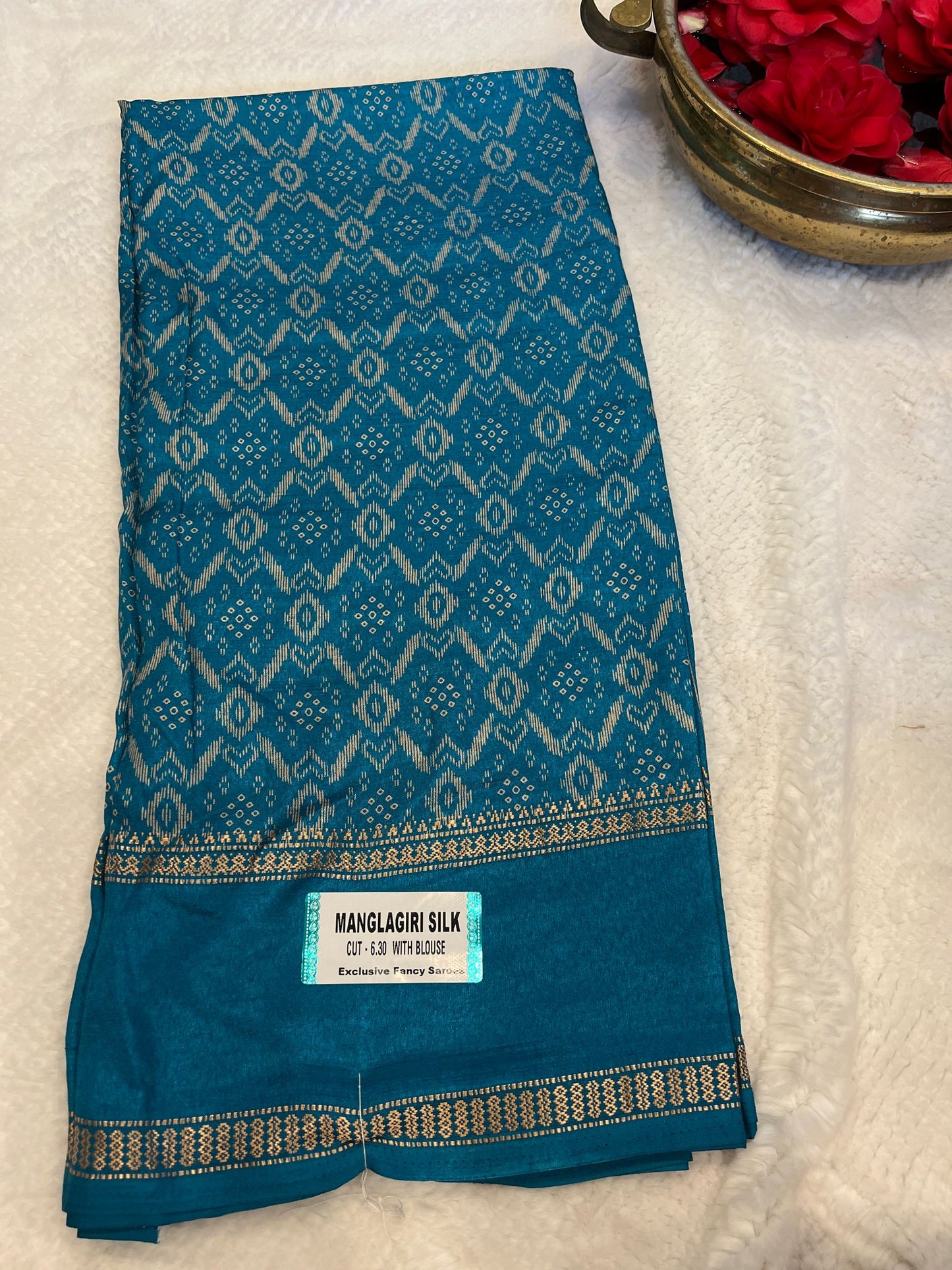 Dark Teal Blue Mangalagiri Semi Silk Saree