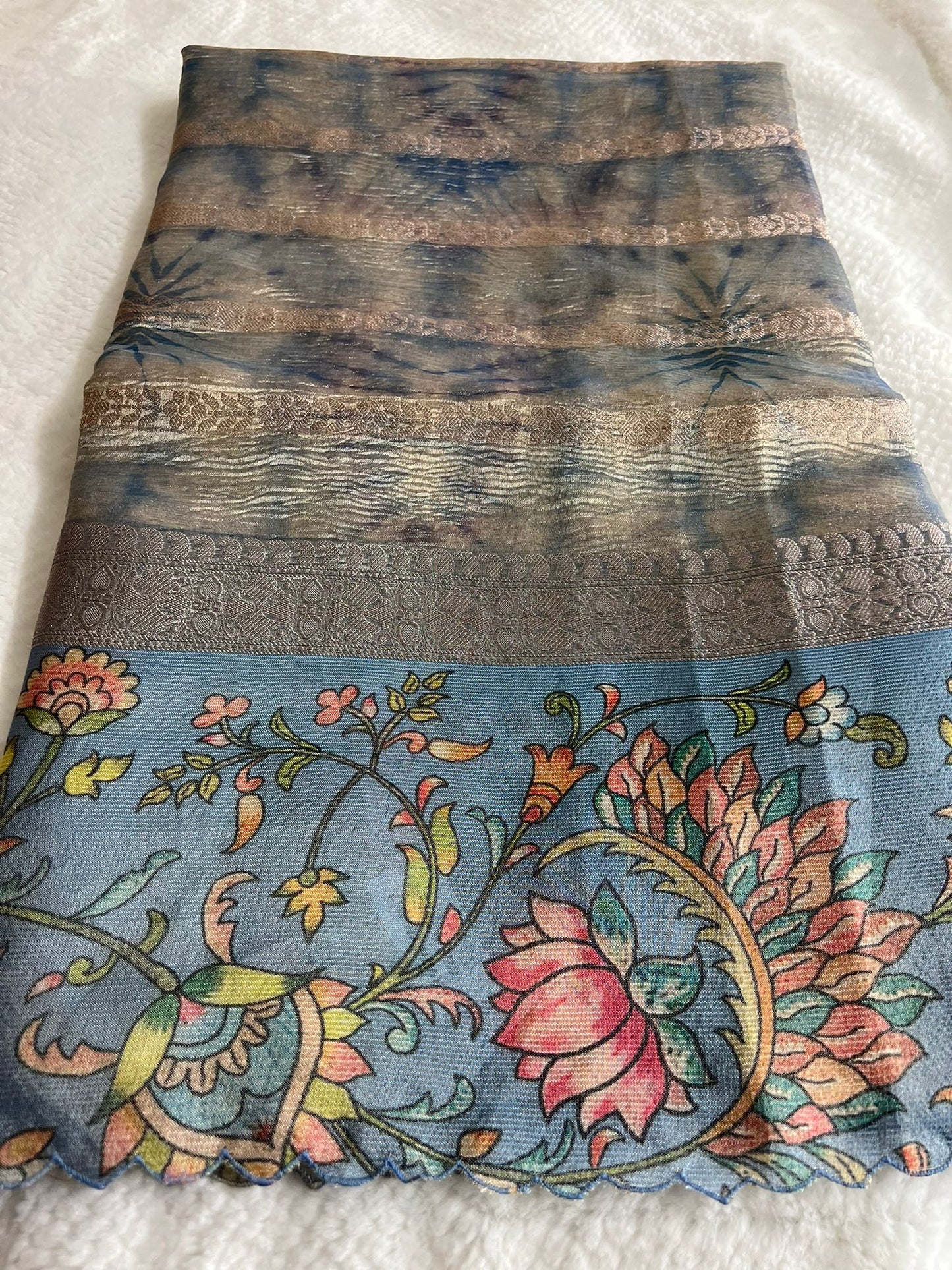Blue Crushed Tissue Silk Saree