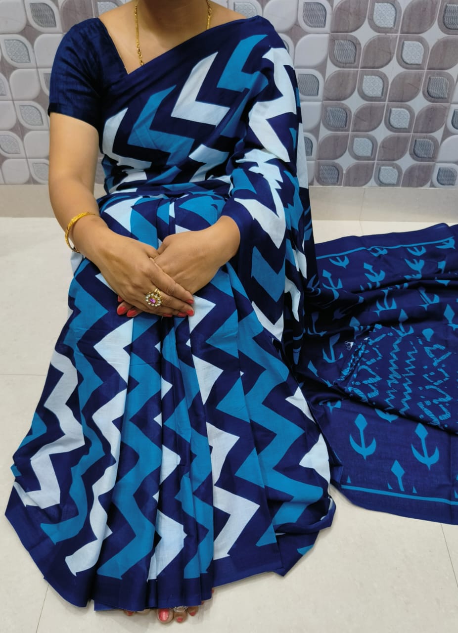 Blue MulMul Cotton Saree