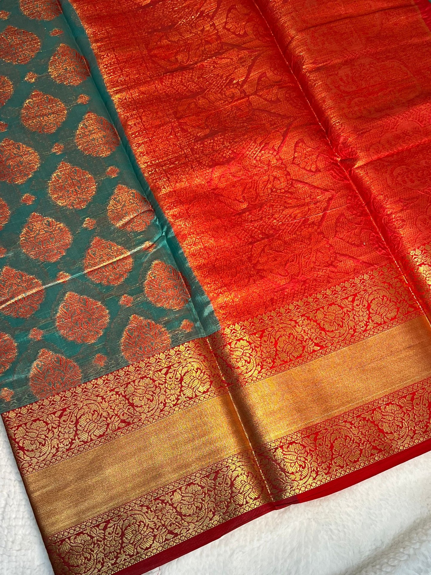 Grand Bluish Green and Red Ankita Silk Saree
