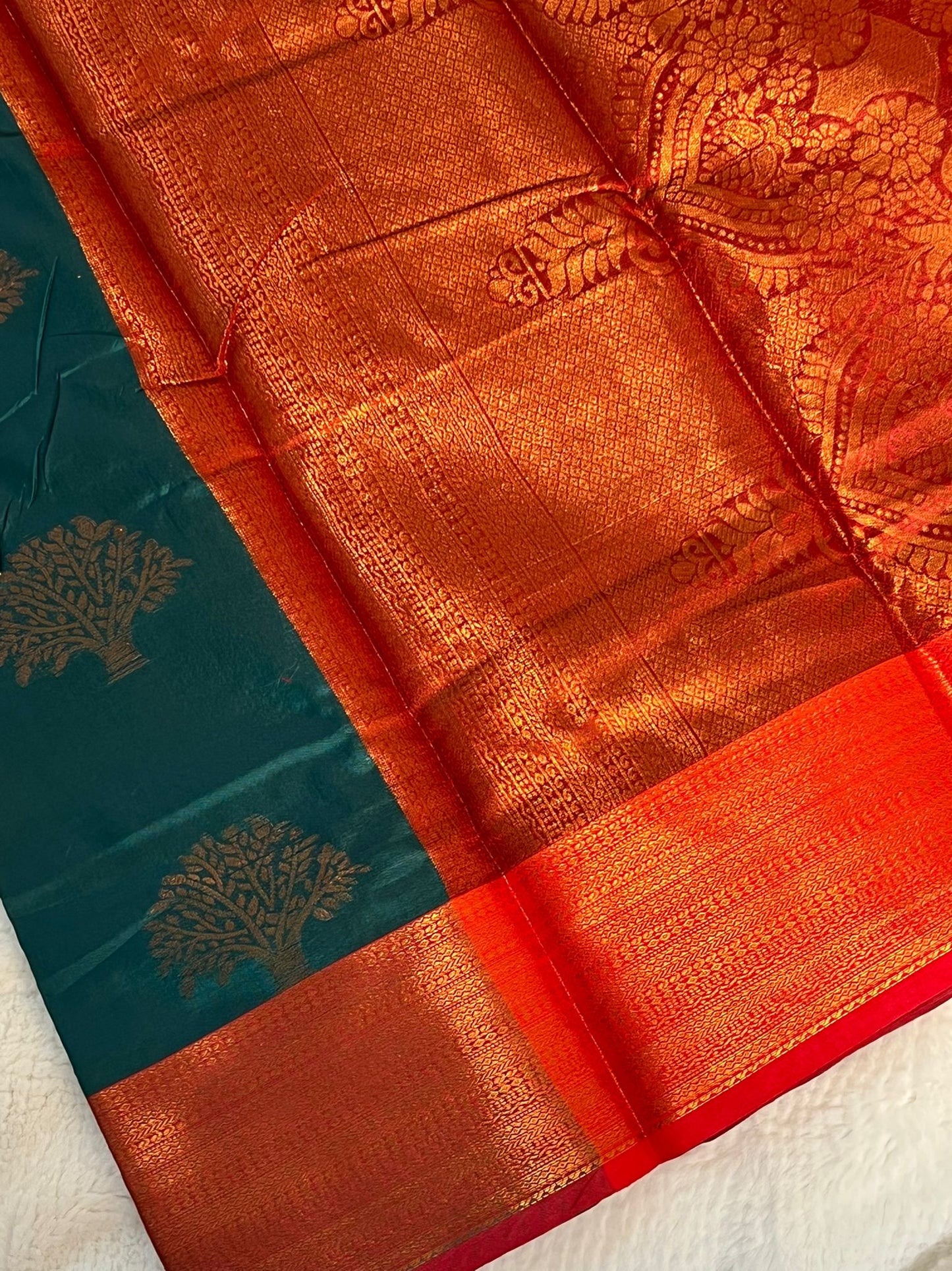 Bluish Green and Red Butter Silk Saree