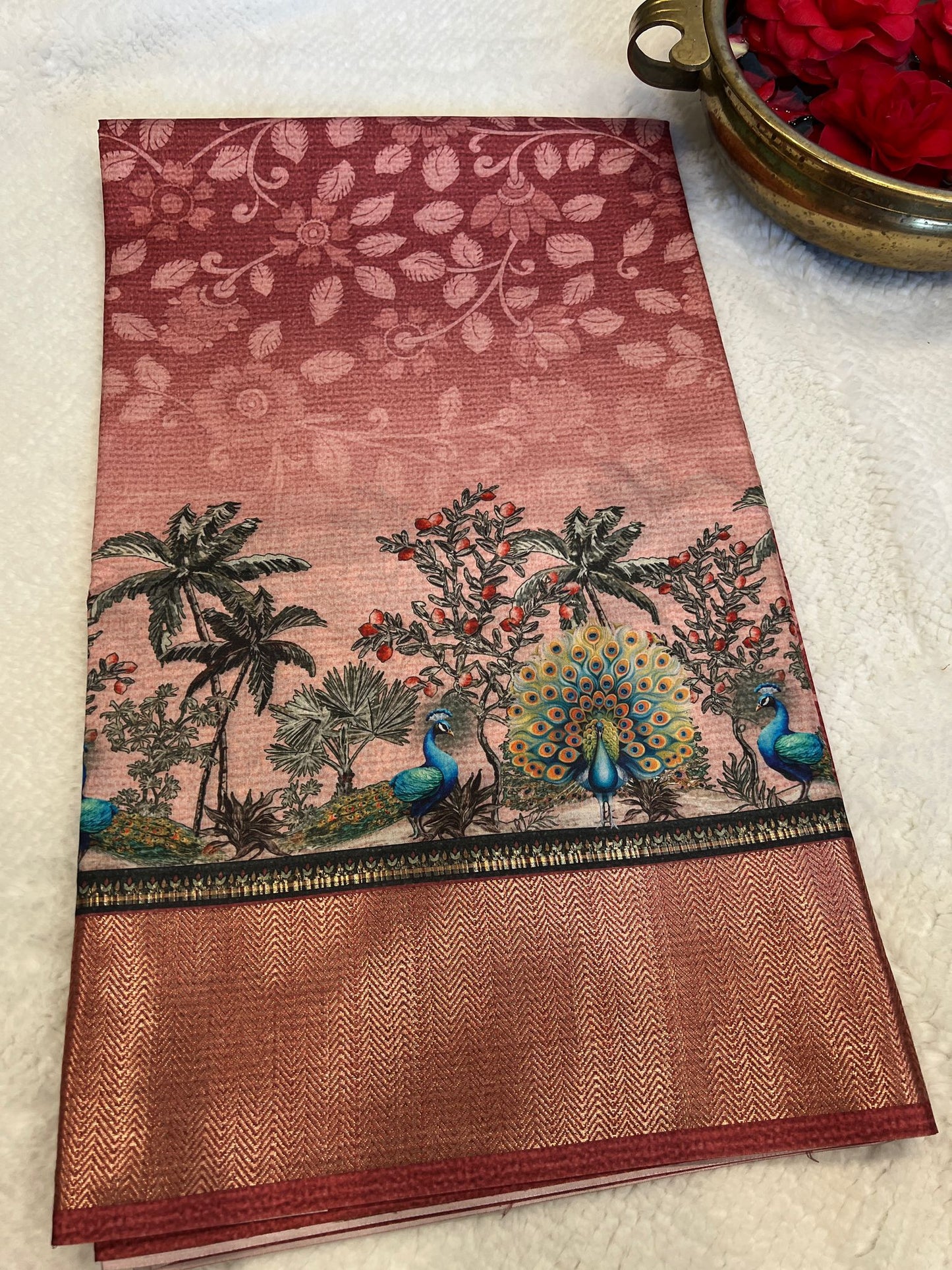 Brick Red Peacock Design Fancy Saree