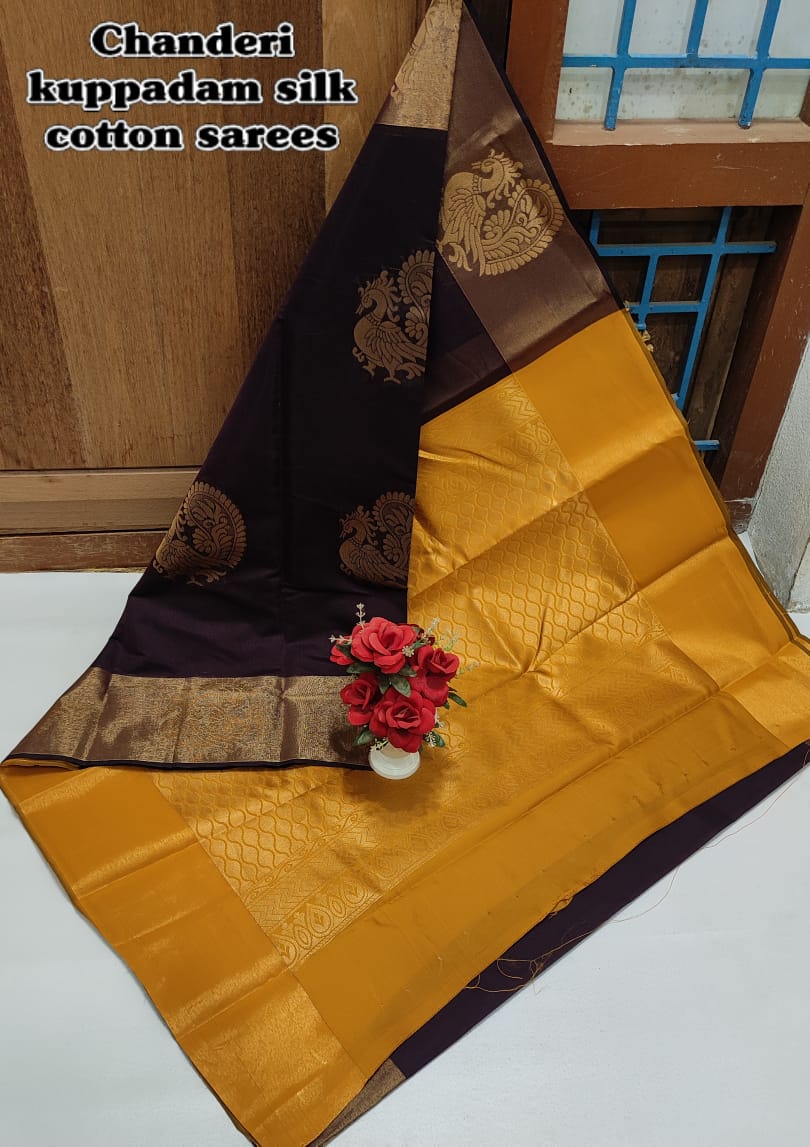 Brown and Mustard Chanderi Kuppadam Rich Silk Cotton Saree