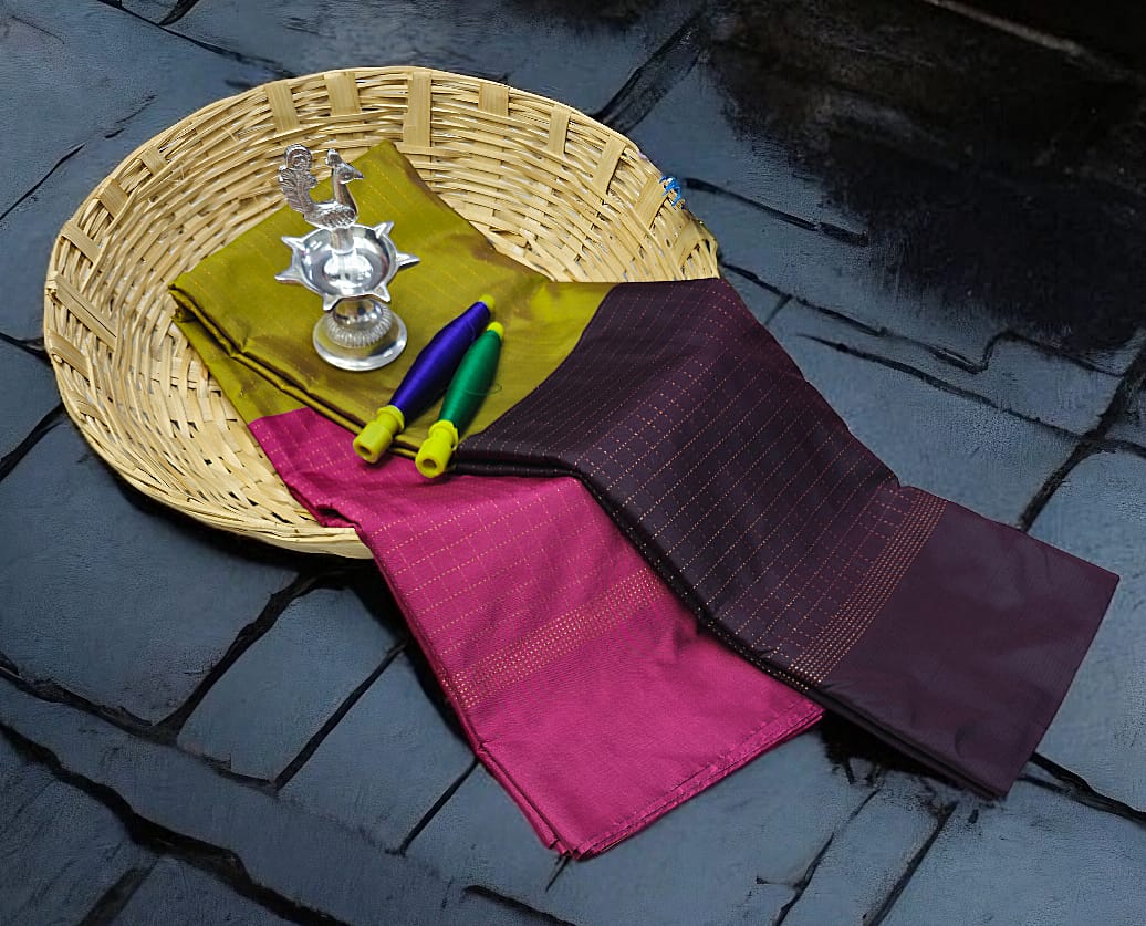 Brown Green and Pink Arani Soft Silk